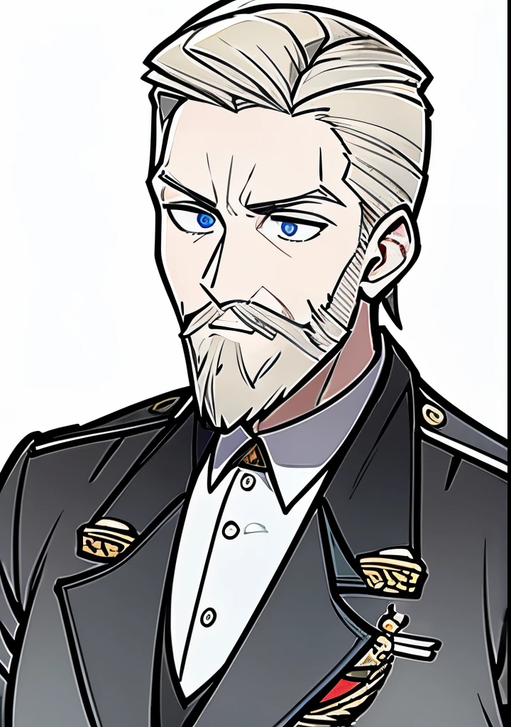 Young Adult male, white and tender skin, pale blonde slicked back combed short hair, kaisermustache, ducktail beard, steel blue eyes, green and slightly mature, serious and emotionless facial expression,wearing world war 2 era german fatigues, portrait style, facing forwards