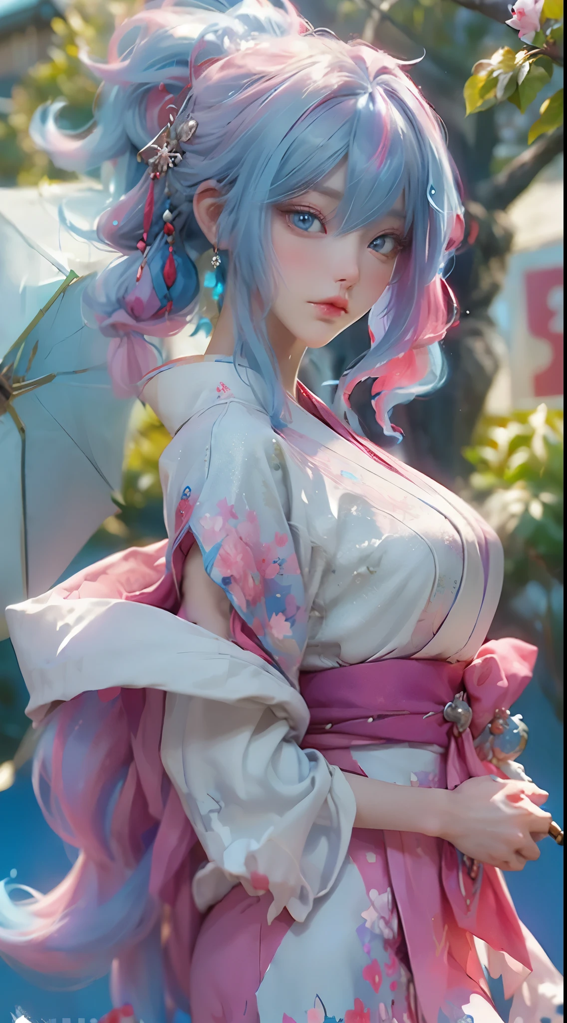 Anime girl with blue hair and blue eyes holding a red umbrella, white haired god, Feminization of main art by Cusart Krenz, Onmyoji detail art, Onmyoji portrait, Kona-chan wallpaper 4K best anime,  detailed digital anime art, anime goddess, Highly detailed official artwork, detailed anime art, Onmyoji, anime heroine portrait, chibi style,  face, motion cold beauty, ((((colorful hair))), (((Half Blue Half Pink Hair)), (how to draw perfect eyes) , bright eyes, necklace, earrings, delicate mouth, nose is delicate, delicate makeup, side hair, red lips, (purple eyes). , light effect, pastel, white background, super clear, HD images, full body portrait, front  , Happy, (has a fan), Cherry tree,