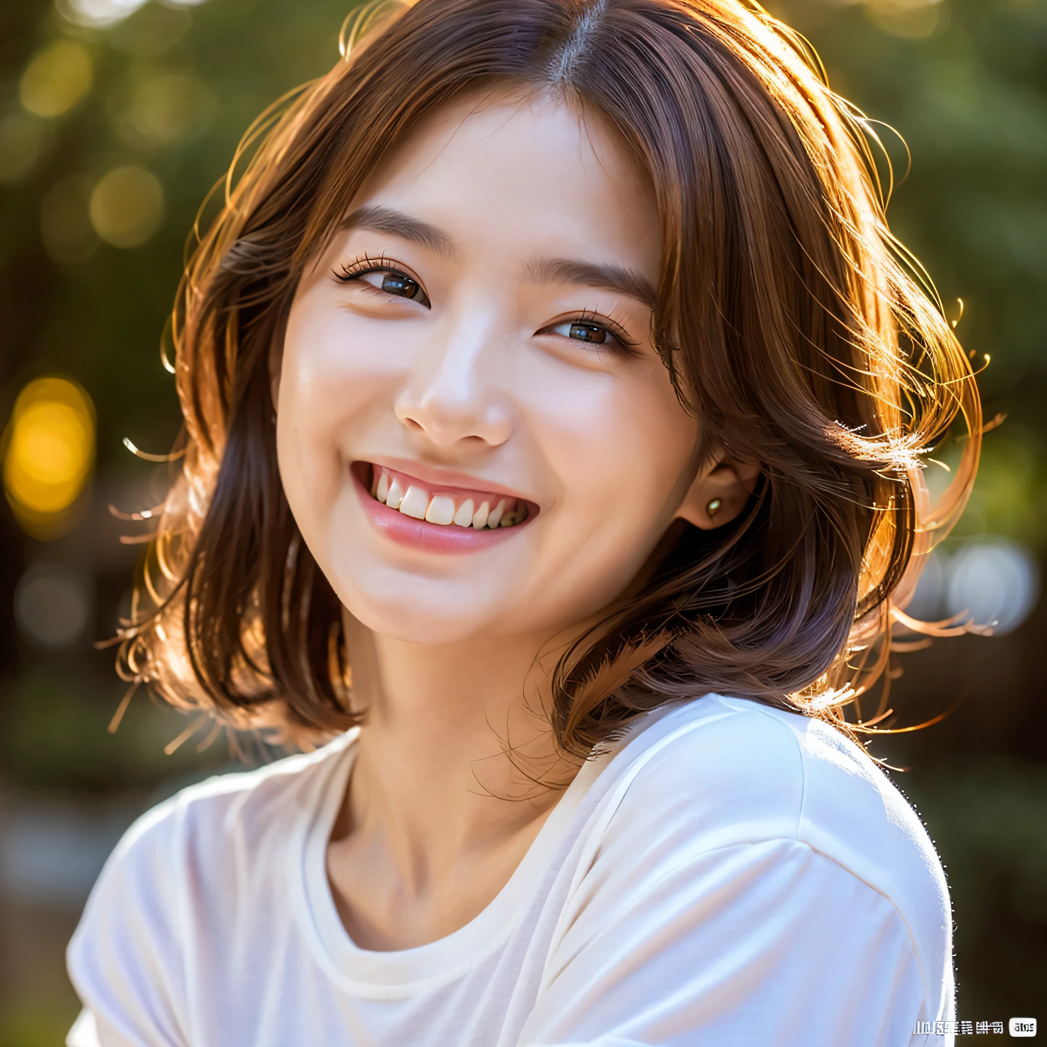 highest quality, masterpiece, ultra high resolution, (realistic: 1.4), 1 female, smiling eyes, (Ulchan-6500-v1.1: 1.0), brown hair, black eye, 30 years old, Beautiful woman, actress, Stunning woman in white t-shirt,genuine,Lovely young lady
