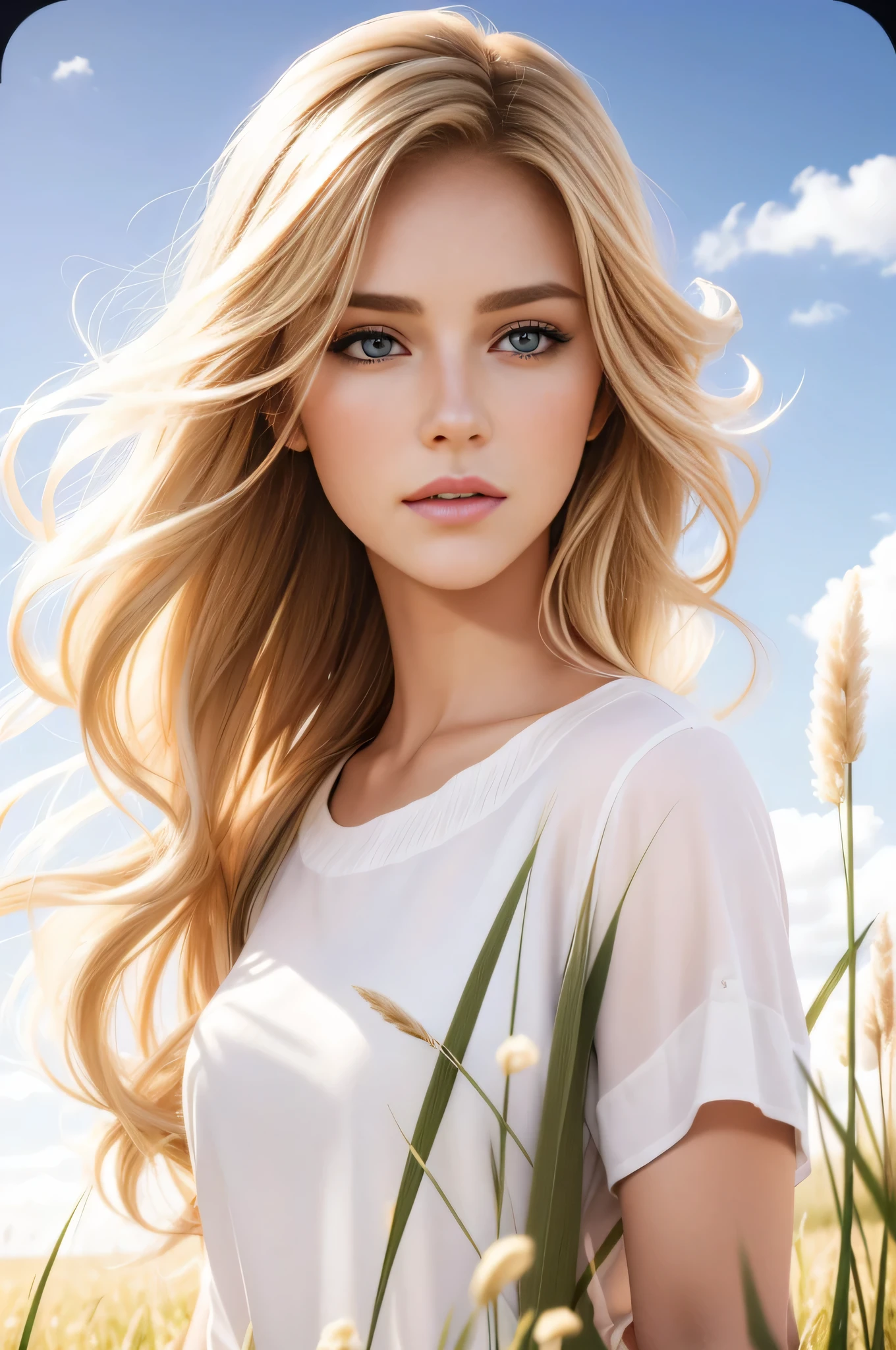 a woman with long blonde hair standing in a field of grass, beautiful blonde girl, a girl with blonde hair, beautiful model girl, beautiful girl model, blonde flowing hair, photo of a beautiful woman, beautiful blonde woman, flowing blonde hair, girl with long hair, long blonde hair and large eyes, jaw dropping beauty, beautiful model, beautiful female model