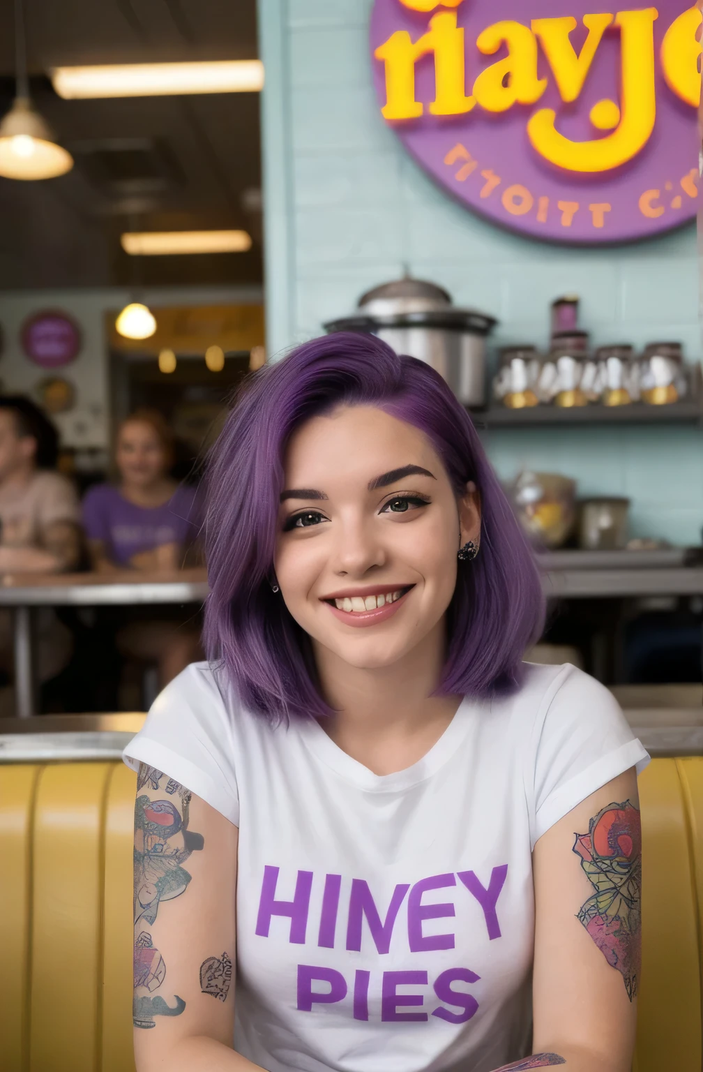 street photography photo of a young woman with purple hair, smile, happy, cute t-shirt, tattoos on her arms, sitting in a 50s diner 