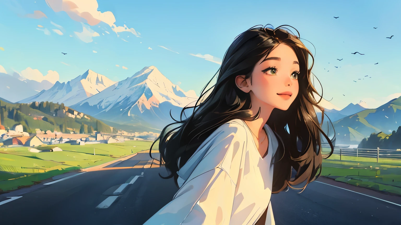 ((masterpiece)),(((bestquality))),((ultra-detailed)) realisticlying, 1 girl, Beautiful, black long hair, happy, The sky morning, looking to the side, soft green, city, road, mountain. sky blue.