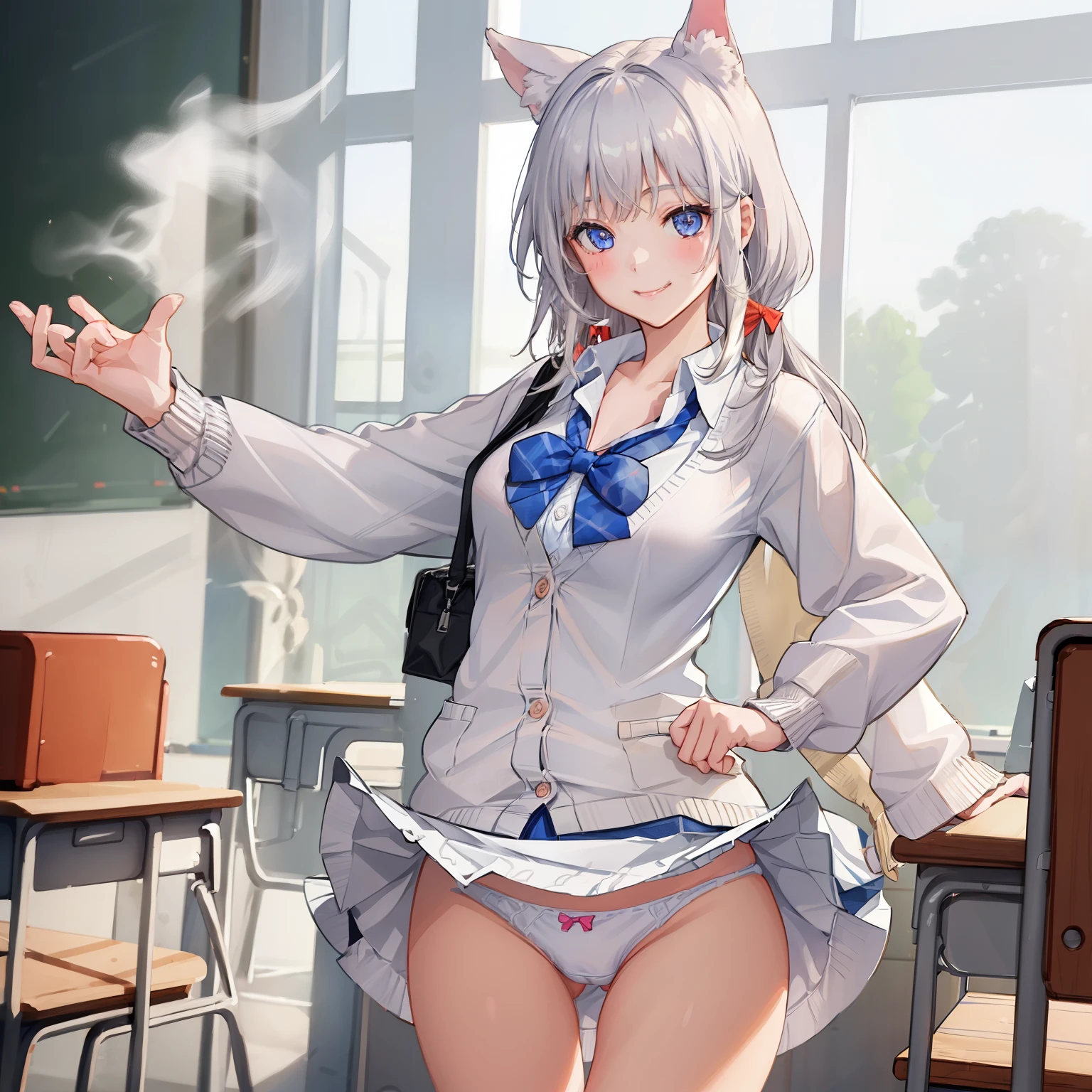 ((1 girl:1.5))、(smile:1.5)、、（cowboy shot）、(fun!!)、(white cardigan:1.5)、(dog ears)、(silver hair)、blush、(long hair)、(eye highlights:1.3)、blake black shoes,(黒いskirt:1.5)、bow, button, shirt with collar, long sleeve,  ((red bow tie, ,, white shirt, チェック柄のskirt:1.5、white socks)),, shirt,, skirt, socks, thighs, white shirt, Rest indoors, ((classroom:1.5))、 BREAK while watching the audience、 (perfect hands, perfect anatomy),cowboy shot、(skirtlift:1.3),(highly detailed white panties:1.3)、(highly detailed panties:1.3)、、(skirt that rolls up:1.3)、(fully exposed panties:1.5)、light blue eyes