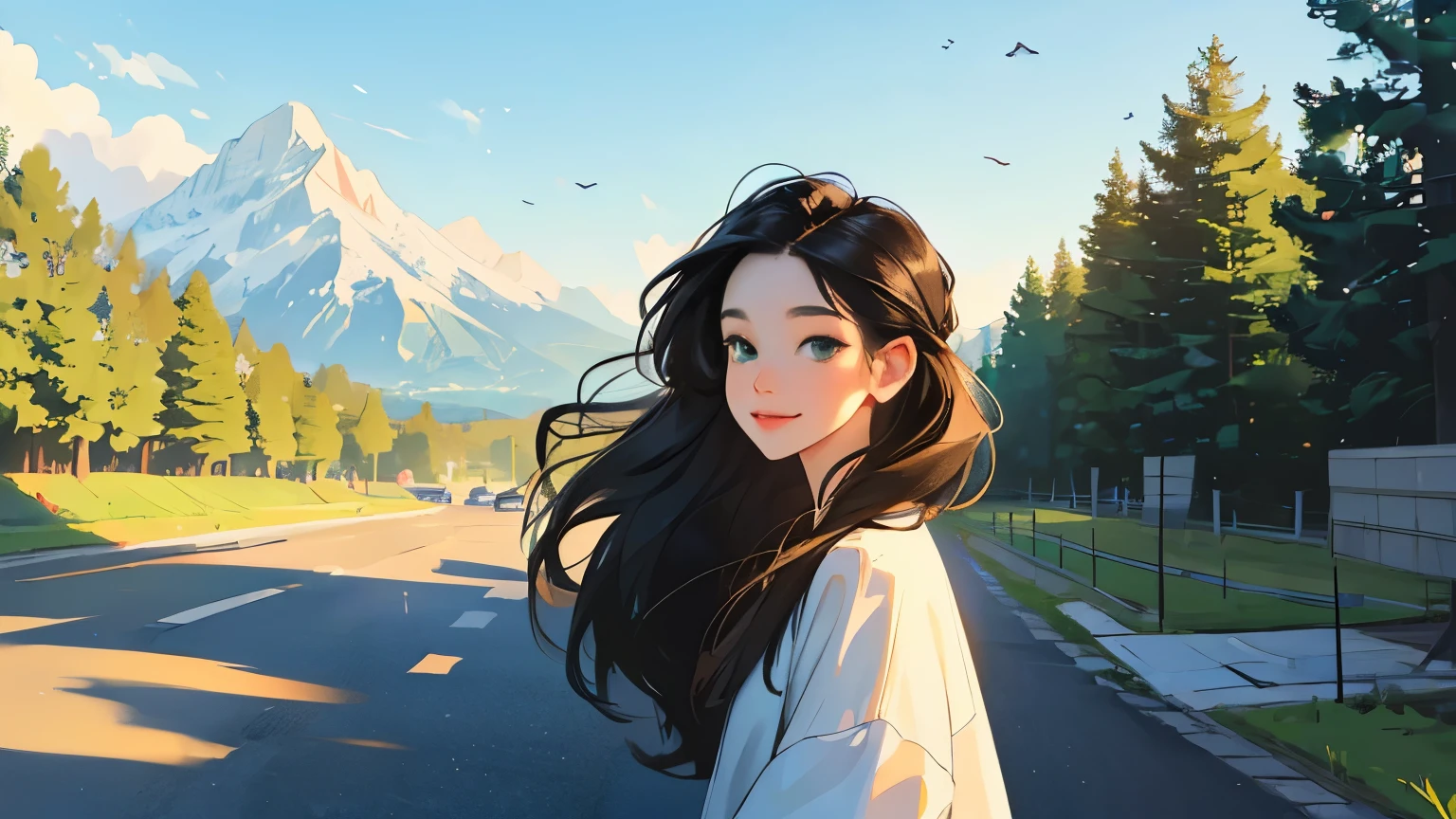 ((masterpiece)),(((bestquality))),((ultra-detailed)) realisticlying, 1 girl, Beautiful, black long hair, happy, The sky morning, looking to viewer, soft green, city, road, mountain. sky blue.