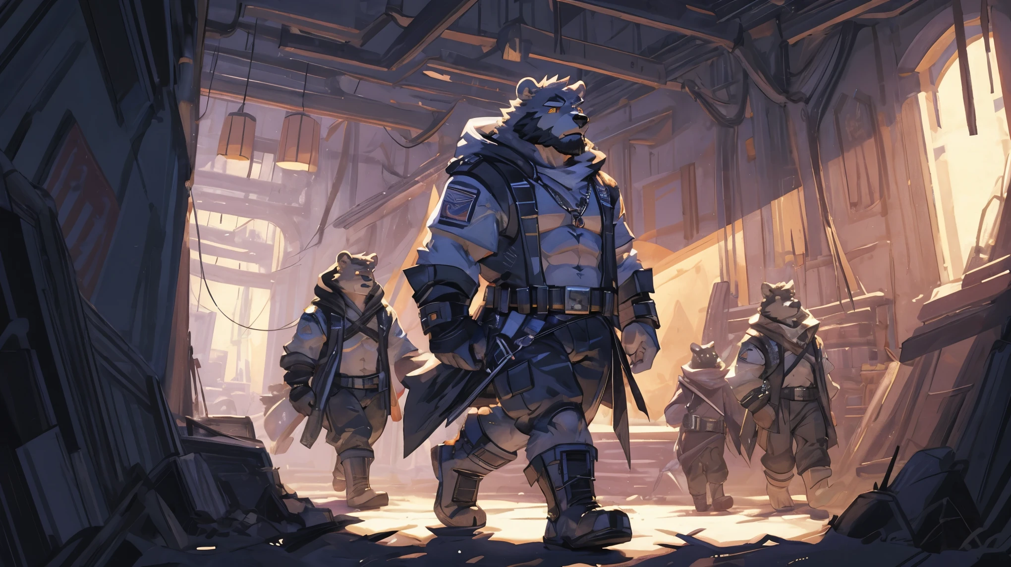 (masterpiece:1.2), best quality,pixiv,official art,perfect anatomy, (Ray tracing, light),solo, (1_male:1.3) , (muscle), (gray fur:1.4), (muscle bear), (beard:1.2), (gleaming golden eyes), Thick eyebrows, (naked:1.3) , (post-apocalyptic scene:1.3), plants, open hoodie, naked inside, cargo shorts, boots, backpack , pistol on hand, walking