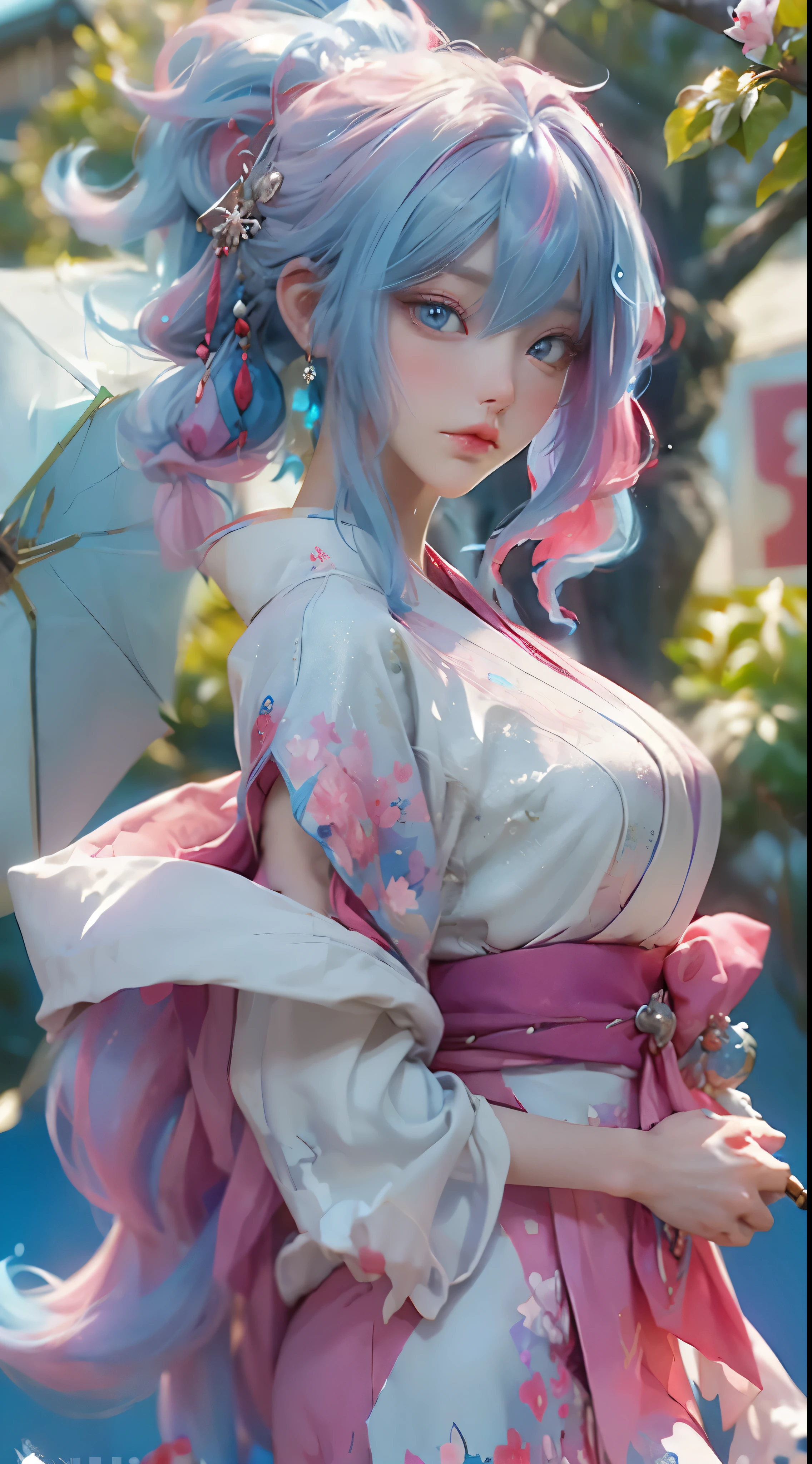 Anime girl with blue hair and blue eyes holding a red umbrella, white haired god, Feminization of main art by Cusart Krenz, Onmyoji detail art, Onmyoji portrait, Kona-chan Wallpaper 4K Best Anime,  detailed digital anime art, anime goddess, Highly detailed official artwork, detailed anime art, Onmyoji, anime heroine portrait, chibi style,  face, motion cold beauty, ((((colorful hair))), (((Half Blue Half Pink Hair)), (how to draw perfect eyes) , bright eyes, necklace, earrings, Delicate mouth, nose is delicate, delicate makeup, side hair, red lips, (purple eyes). , light effect, pastel, white background, super clear, HD images, full body portrait, front  , Happy, (there are fans), cherry blossoms,
