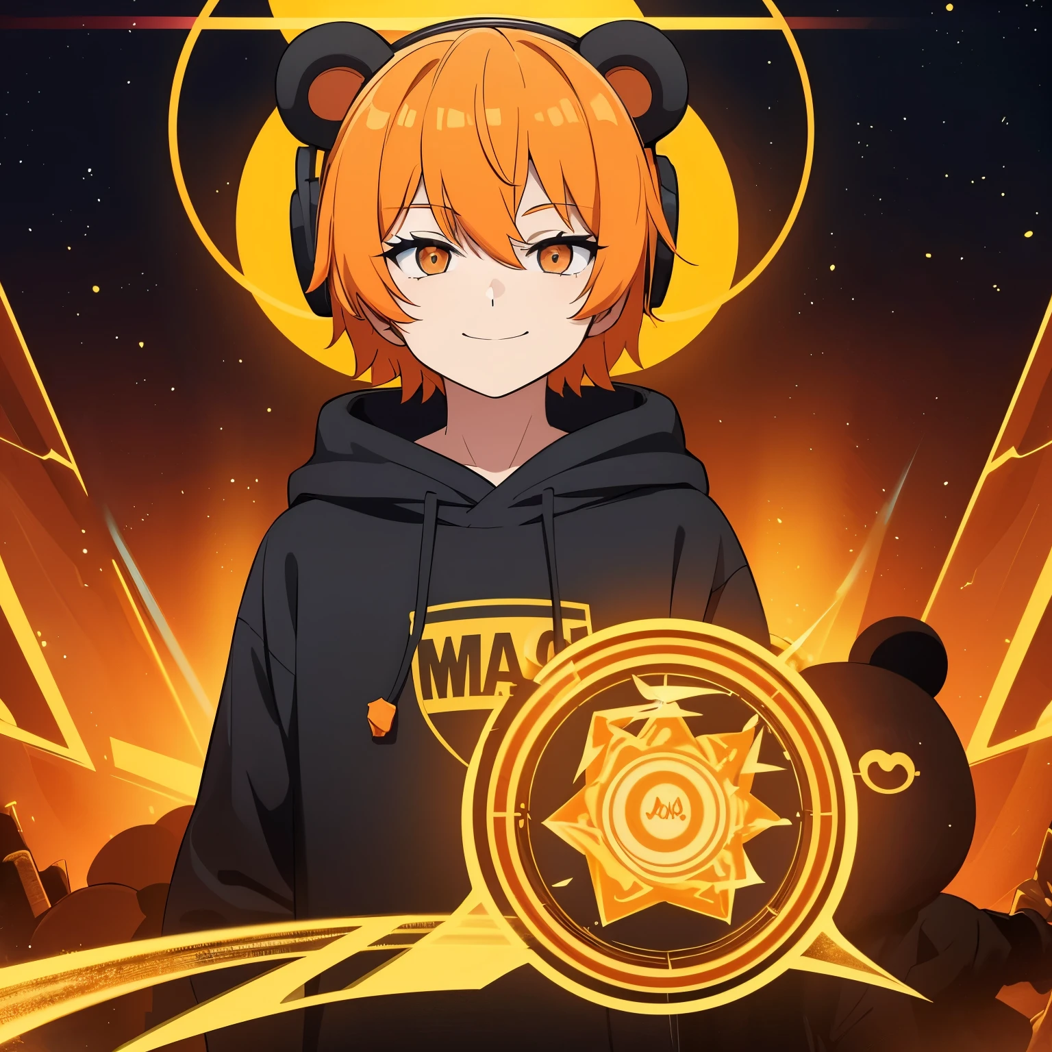 Bear ears Hair color orange ((boy)) (headphone) golden line on black hoodie Face up magic circle Eye color black super short hair smile 4K resolution ((head only))