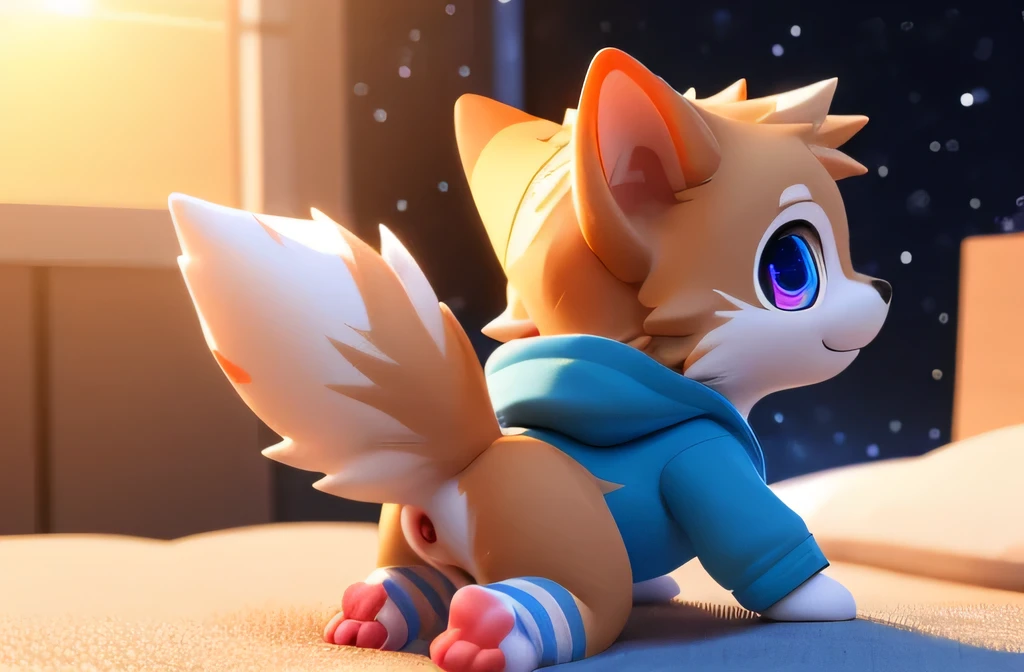 (((wilderness))), ((charming小蓝狐, miss, young)) have different colored eyes， chibi， charming，Shy, blush, logo design， The car has， movie lighting effects， ((3D vector art))， Cute and quirky， fantasy art， Bokeh， Hand Painted， number， soft light， Isometric风格， 4K resolution， photorealistic rendering， High level of detail cleaning， vector image， A lifelike masterpiece， Professional photography， simple space background， Flat white background， Isometric，Vibrant vector, , hoodie, bottomless pit, Fine hairs, Anisotropic fur gloss, ((subsurface scattering)), on the bed, ((The body is very wide)), ((animal genitals)), [[vein]], (on all fours), ((Show rear)), [anus],((Show rear)),[vaginal],big tail, ((Striped knee-length socks))
