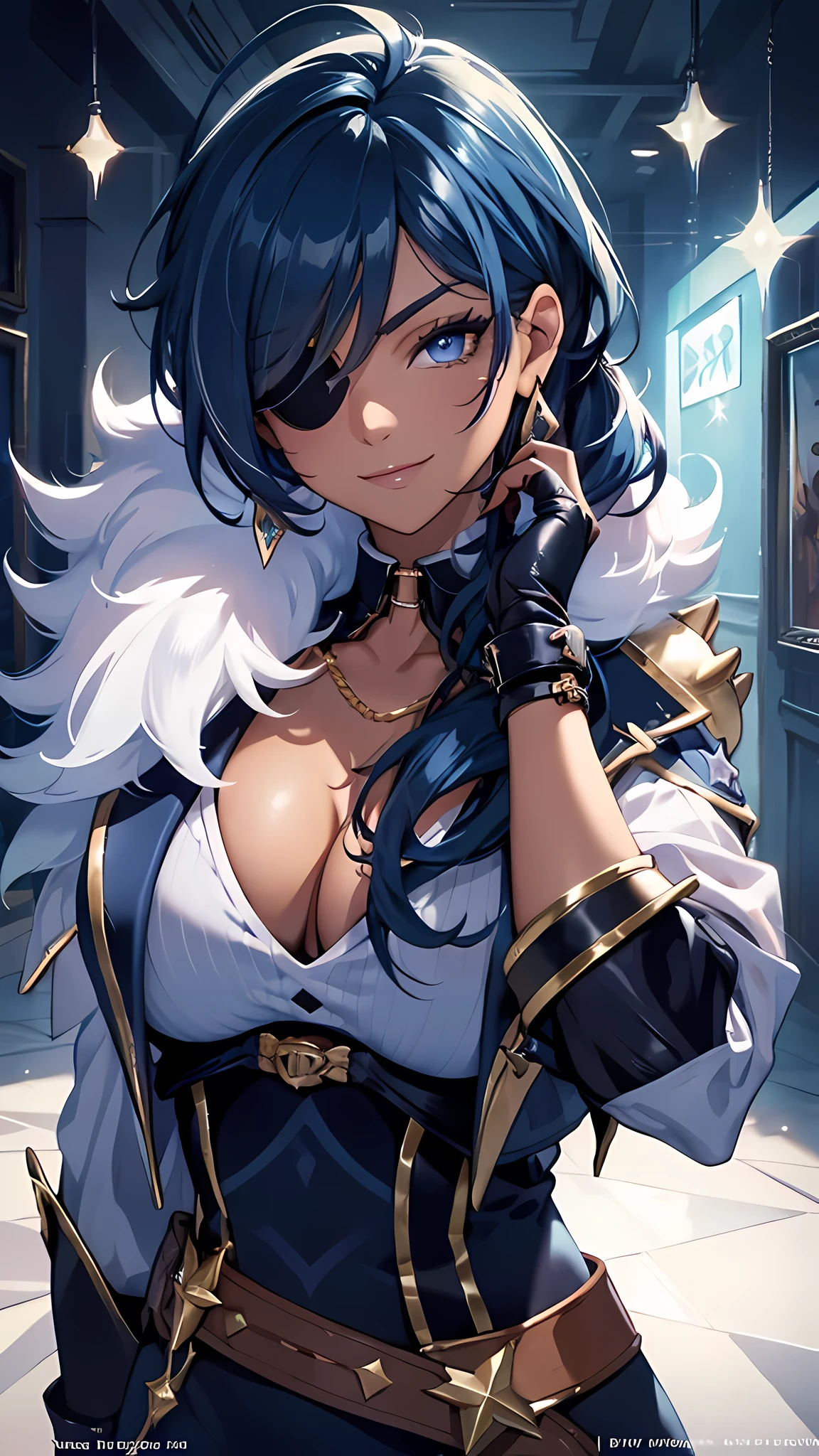 (masterpiece), best quality, expressive eyes, perfect face,kaeya (genshin impact),(large breasts), ((1girl)),eyepatch, dark-skinned female, gloves, solo, jewelry, blue hair, earrings, long hair,cleavage,looking at viewer,eyeshadows, eye liner,glistening eyes, hyper detailed eyes, intricate eyes, beautiful eye,blue eyes, single earring, dark skin, bangs, black gloves, smile, fingerless gloves, closed mouth