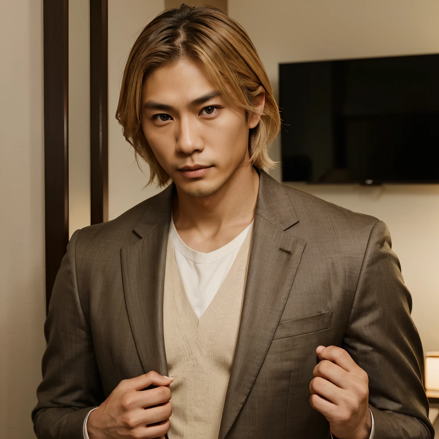 A beautiful, intimidating, fit Japanese man in his early thirties with golden blond hair and bright brown eyes wearing a suit.