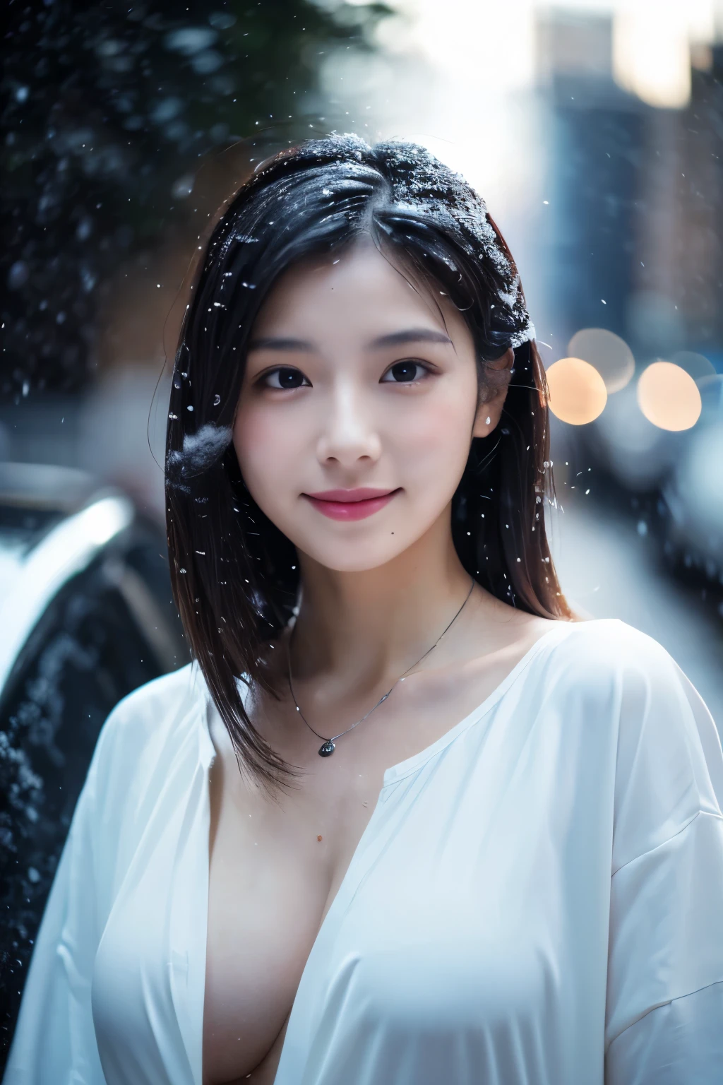 (top-quality,masterpiece:1.3,超A high resolution,),(ultra-detailliert,Caustics),(Photorealsitic:1.4,RAW shooting,)Ultra-realistic capture,A highly detailed,high-definition16Kfor human skin、(Large breast) ((Jewelry)) ,Hair ornament , Necklace ,Skin texture is natural、、The skin looks healthy with an even tone、 Use natural light and color,One 25 years old , random hair style , white body press t-shirt, tight_shirt, (smile:1.2), city street, (photorealistic:1.2), (ultra realistic:1.3), (very detailed:1.1), ((masterpiece)), super big round breast, mega big under tshirt, large breasts , ((wet clothes)) , (( wet body )) ,japanes,,kawaii,A dark-haired,Middle hair,(depth of fields、chromatic abberation, Wide range of lighting、Natural Shading、)、(Exterior light at night:1.4)、(Falling snow:1.3)、(Hair swaying in the wind:1.2)、(Light reflecting snow:1.0) ,full mood expression , camera from drone