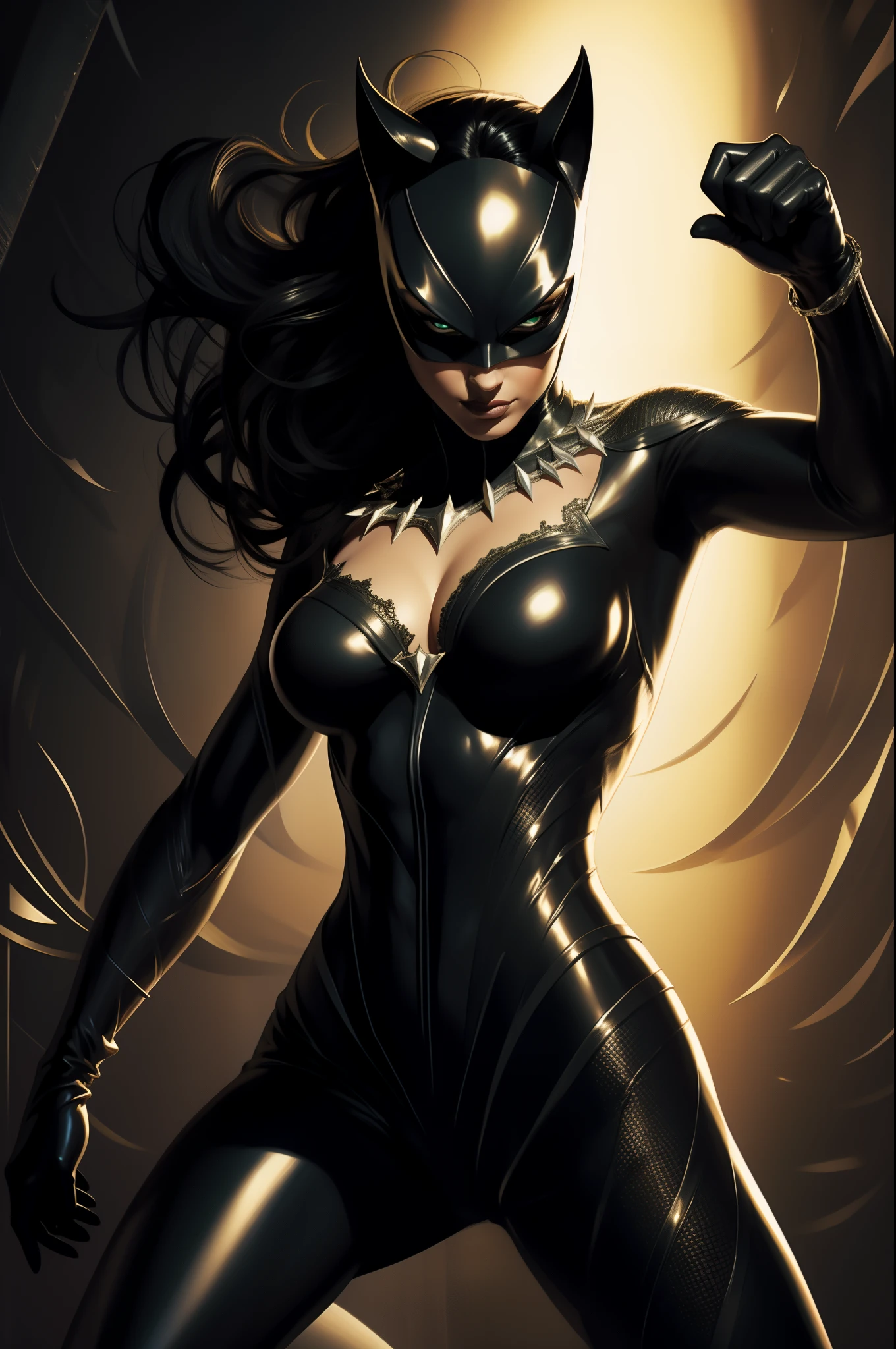 A captivating Catwoman figure, boasting generous assets, The velvety fabric of her iconic suit clings to her curvaceous figure, big breasts, cleavage. Her seductive green eyes gleam, a sly smile playing at the corner of her mouth. The intricate details of the suit's texture and the glossy finish of her feline ears add to the masterpiece of this art piece, sexy pose, jewelry diamond store, holding a bag of stolen diamonds, heist, police running towards her in background, sirens blaring in background, nighttime