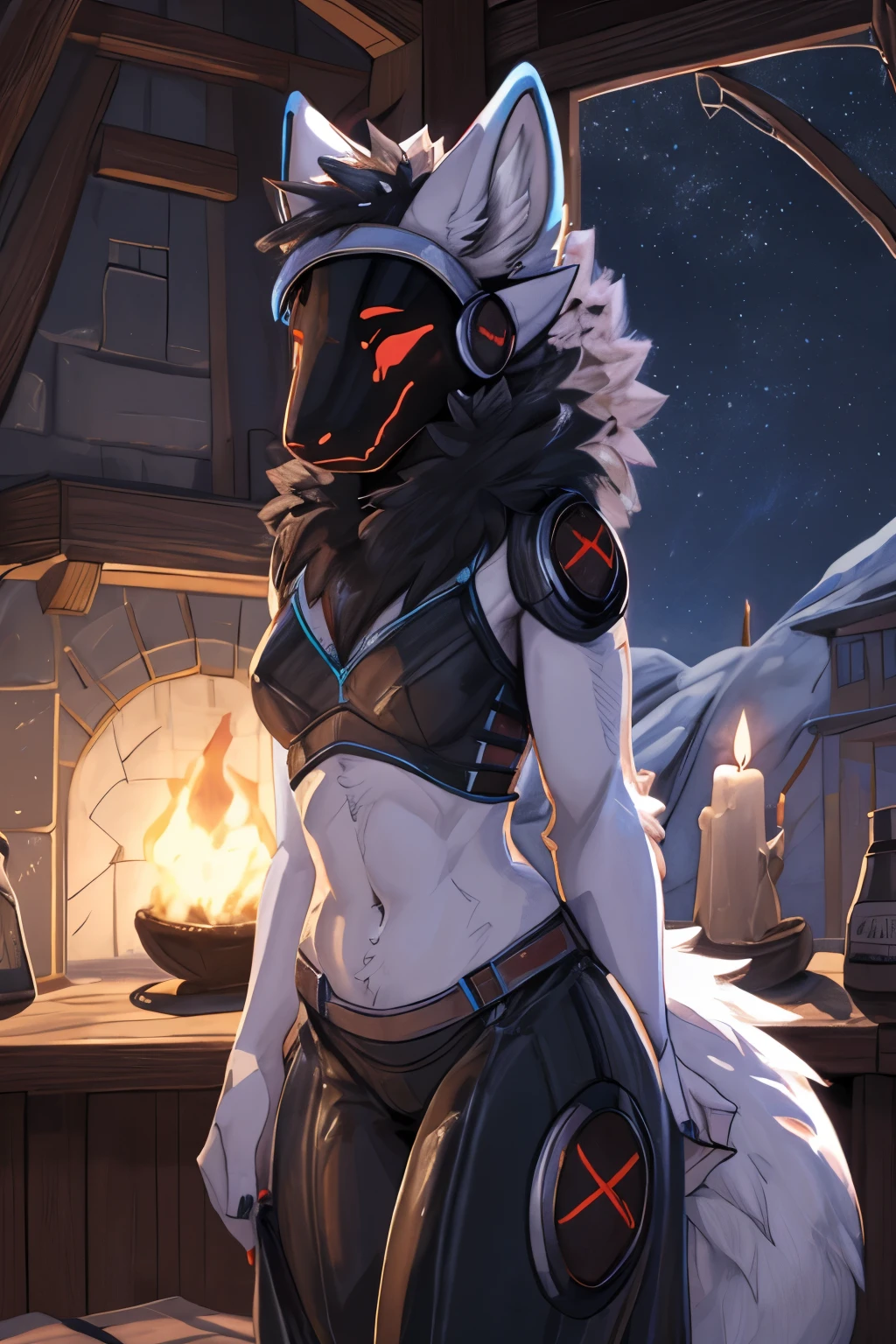 ((best quality, masterpiece, perfect anatomy, detailed picture)), 1female, arctic protogen, arctic fox, long visor, blue visor, breasts, thick thighs, sexy body, Nightingale outfit, (Skyrim), legwear, fluffy tail, red blushing, shy, in the ruins,