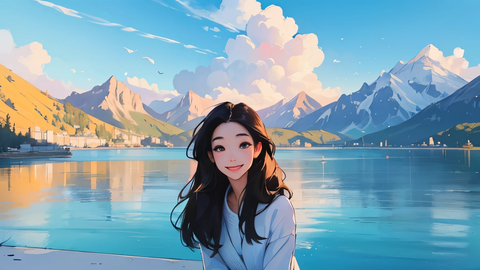 ((masterpiece)),(((bestquality))),((ultra-detailed)) realisticlying, 1 girl, Beautiful, black long hair, happy, The sky morning, looking to viewer,  city, road, mountain, lake, sky blue.