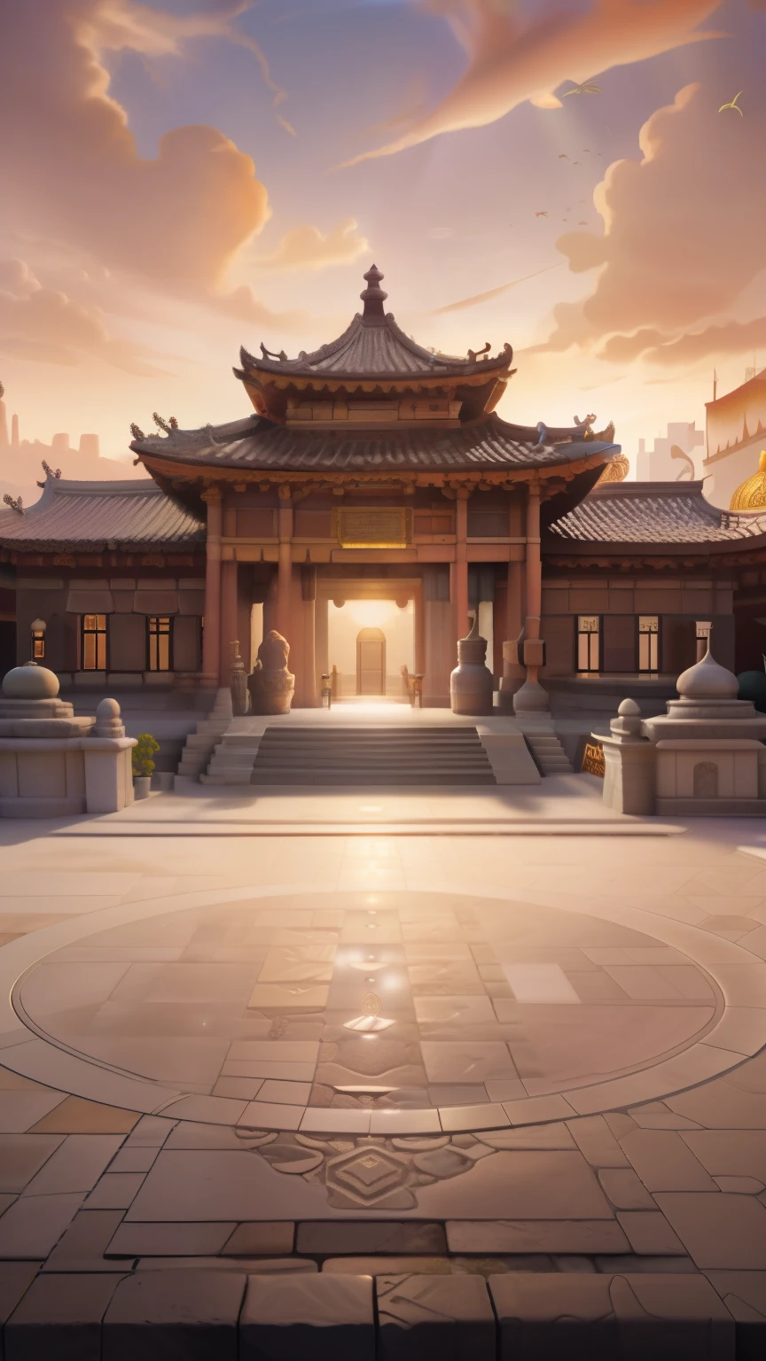 Chinese architecture ,there is a large courtyard with a circular design in the middle, palace background, arena background, temple background, background art, background depicting a temple, background artwork, onmyoji detailed art, g liulian art style, riot games concept art, mobile game background, ornate borders + concept art, odin's stone arena background, coliseum backdrop, light kingdom backdrop
