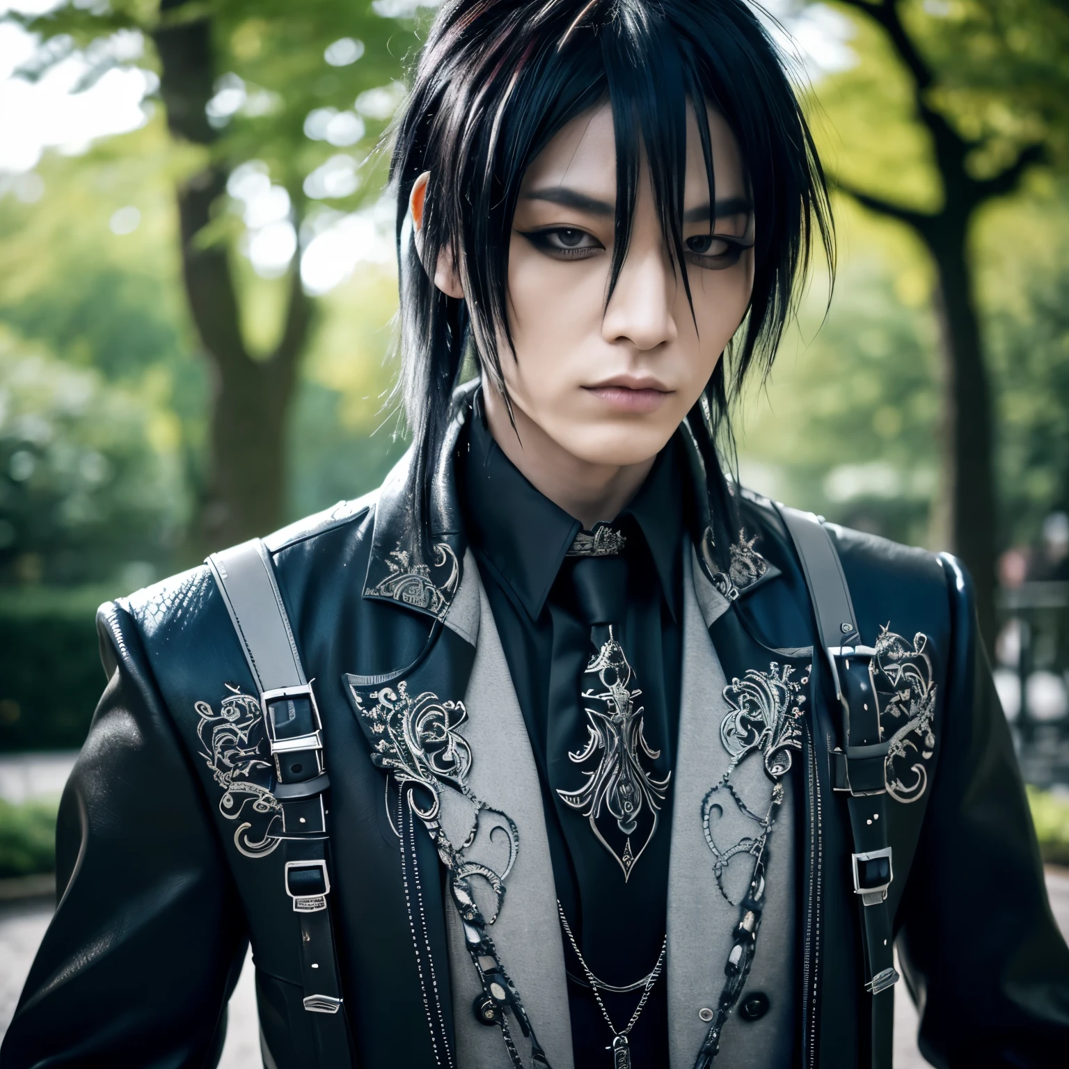 1 Mann, masculine, japanischer Mann, Visual Kai Frisur, Ultra detailed face and body, Hyperrealistisch, realistische Darstellung, muscular, breite Schultern, Tattoos gothic style, piercings, Visual Kei Style, Frisur Visual Kei, schwarz, lange Haare, 30 Jahre alt, Alter 30, Outfit gothic streampunk, Herrenhemd und schwarze Hose, asiatische Augen, Augen asiatisch, steht in einem Park in Tokyo Japan, 1 man, male, Japanese man, Visual Kai hairstyle, ultra detailed face and body, hyperrealistic, realistic representation, muscular, broad shoulders, tattoos gothic style, piercings, Visual Kei style, hairstyle Visual Kei, black, long hair, 30 years old, age 30, outfit gothic streampunk, men's shirt and black pants, Asian eyes, eyes Asian, standing in a park in Tokyo Japan, pretty Face, Pretty face, langes Haar