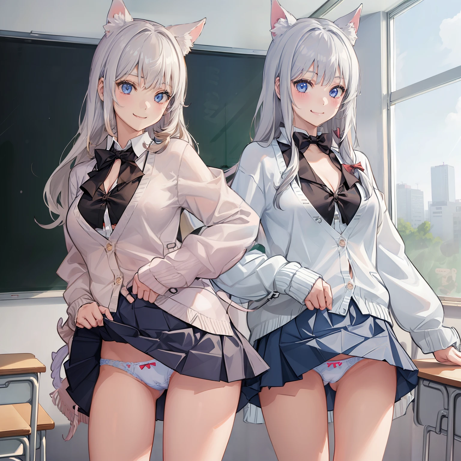 ((1 girl:1.5))、(smile:1.5)、、(cowboy shot)、(fun!!)、(white cardigan:1.5)、(dog ears)、(silver hair)、blush、(long hair)、(eye highlights:1.3)、blake black shoes,(黒いskirt:1.5)、bow, button, shirt with collar, long sleeve, ((red bow tie, ,, white shirt, チェック柄のskirt:1.5、white socks)),, shirt,, skirt, socks, thighs, white shirt, Rest indoors, ((classroom:1.5))、 BREAK while watching the audience、 (perfect hands, perfect anatomy),cowboy shot、(skirtlift:1.3),(highly detailed white panties:1.3)、(highly detailed panties:1.3)、、(skirt that rolls up:1.3)、(fully exposed panties:1.5)、light blue eyes