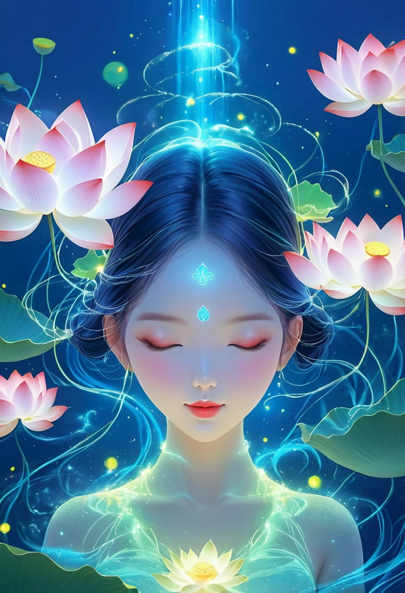 (masterpiece, best quality:1.2), digital art style, charming illustration,Peace pictures，1 girl, Wearing lotus on head，alone，body glow，glowing line，fluorescence,Luminous example，Tracking example，flash，萤light particles，backlight，translucent，light particles，correct human anatomy，