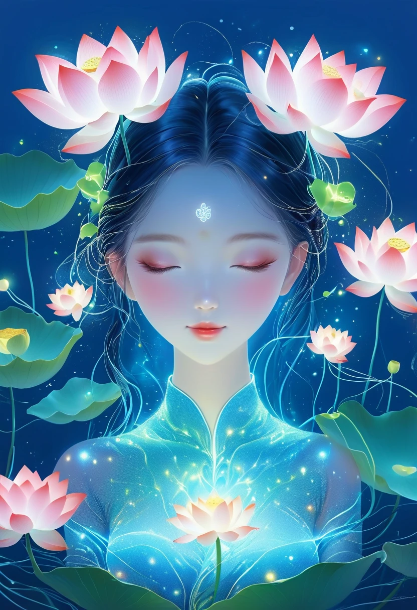 (masterpiece, best quality:1.2), digital art style, charming illustration,Peace pictures，1 girl, Wearing lotus on head，alone，body glow，glowing line，fluorescence,Luminous example，Tracking example，flash，萤light particles，backlight，translucent，light particles，correct human anatomy，