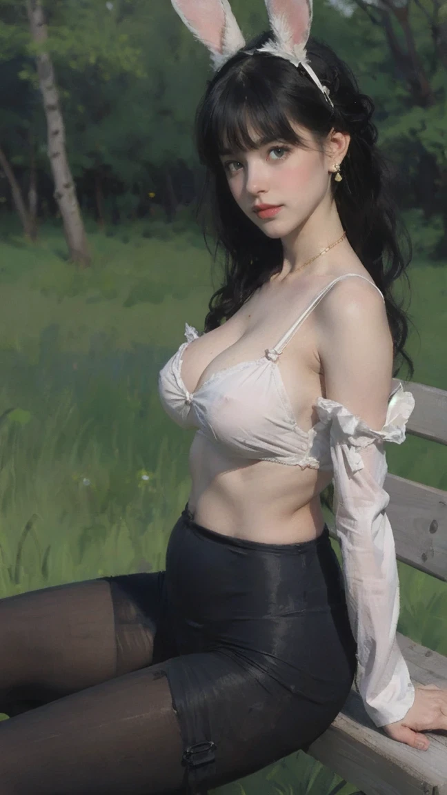 best quality, High resolution, Unique image, 1 girl, Animal ears, armpit, Put your arms behind your head, Bangs, bare shoulders, blue footwear, blue hair, blue tights, braid, Chest, brown lift your legs, shut your mouth, bench, cover navel, curtain, Split collar, earrings, Eyebrows visible through hair, fake Animal ears, fake Tail, garters, gradient hair, green eyes, High heel, high legs, high legs tights, huge Chest, jewelry, large Chest, tights, light blush, looking at the audience, messy hair, colorful hair, on bench, Pillow, a playboy bunny, Rabbit ears, rabbit Tail, short hair, side lock, sitting, alone, swept Bangs, Tail, lift your legs, change through,