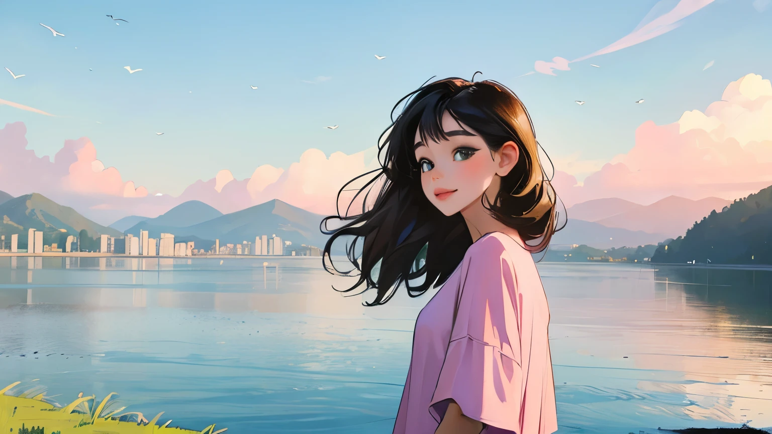 ((masterpiece)),(((bestquality))),((ultra-detailed)) realisticlying, 1 girl, Beautiful, black hair,  happy,  solo, The sky morning,  looking to viewer, soft green, city, lake, soft pink t-shirt.