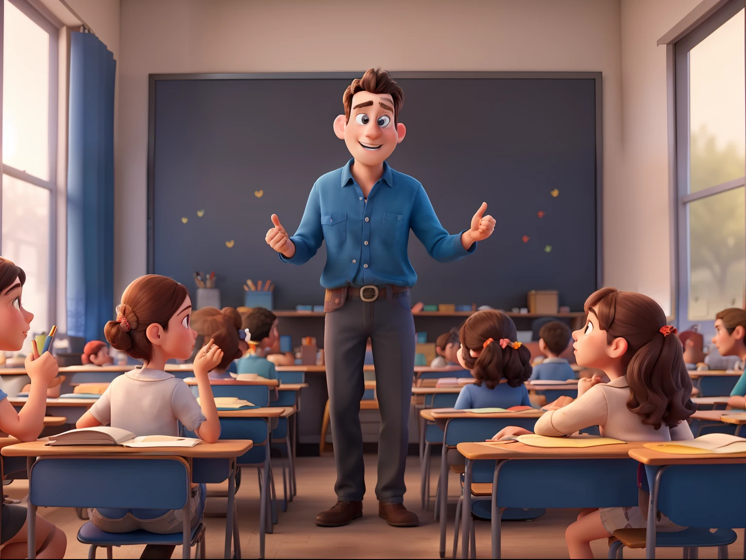teacher teaching students at the front while students are listening pixar style
((best quality)), ((masterpiece)), (detailed),