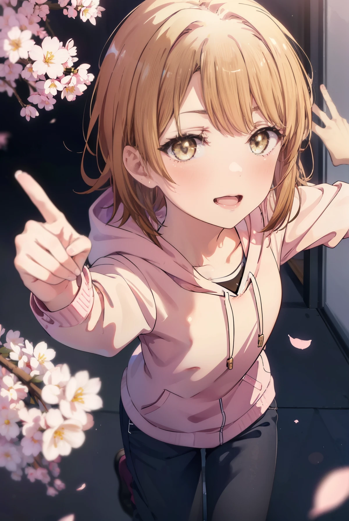 irohaisshiki, iroha isshiki, short hair, brown hair, (brown eyes:1.5), happy smile, smile, open your mouth,Put your hand over your mouth and make a peace sign, 1 girl,towards the camera,pink hoodie wearing a hood,short denim pants,black tights,short boots,standing alone'my back to the wall、The cherry blossoms have bloomed,Cherry blossoms are scattered,
break indoors, Cherry blossom tree-lined path,
break looking at viewer,
break (masterpiece:1.2), highest quality, High resolution, unity 8k wallpaper, (shape:0.8), (fine and beautiful eyes:1.6), highly detailed face, perfect lighting, Very detailed CG, (perfect hands, perfect anatomy),