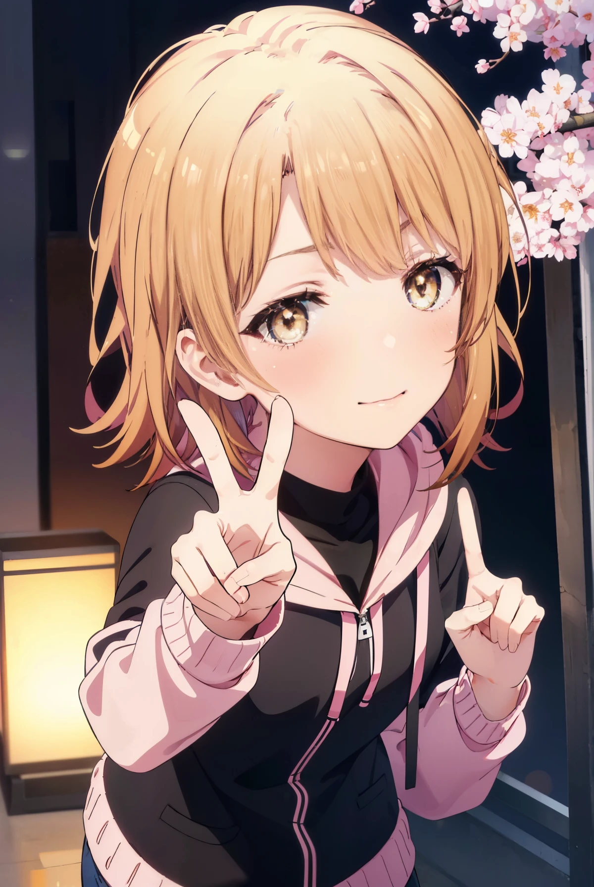 irohaisshiki, iroha isshiki, short hair, brown hair, (brown eyes:1.5), happy smile, smile, open your mouth,Put your hand over your mouth and make a peace sign, 1 girl,towards the camera,pink hoodie wearing a hood,short denim pants,black tights,short boots,standing alone'my back to the wall、The cherry blossoms have bloomed,Cherry blossoms are scattered,
break indoors, Cherry blossom tree-lined path,
break looking at viewer,
break (masterpiece:1.2), highest quality, High resolution, unity 8k wallpaper, (shape:0.8), (fine and beautiful eyes:1.6), highly detailed face, perfect lighting, Very detailed CG, (perfect hands, perfect anatomy),