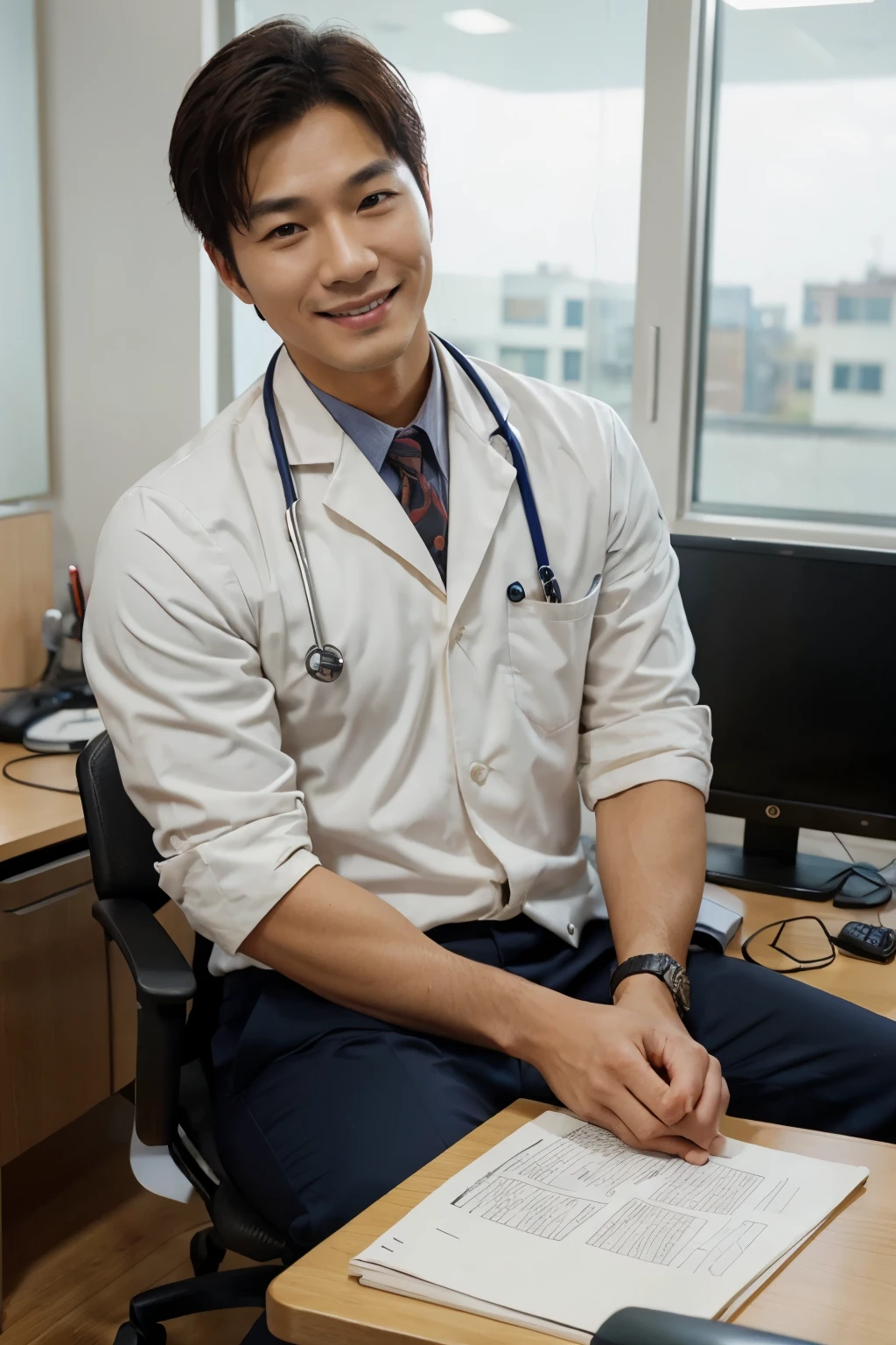 Neat style,1 man.doctor.sitting at the desk,smiling softly,Image of a handsome Korean in his 40s