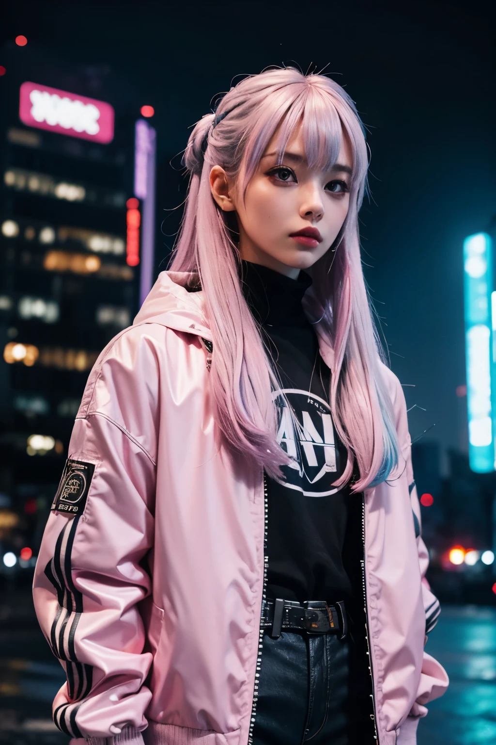 lucy \(cyberpunk\), 1girl, hair scrunchie, hime cut, silver hair, colored tips, full moon, grey eyes, jacket, long sleeves, looking at viewer, medium hair, multicolored hair, parted bangs, parted lips, pink hair, portrait, red eyeliner, red lips, solo, white jacket, cyberpunk \(series\), rainy night in a cyberpunk city with glowing neon lights