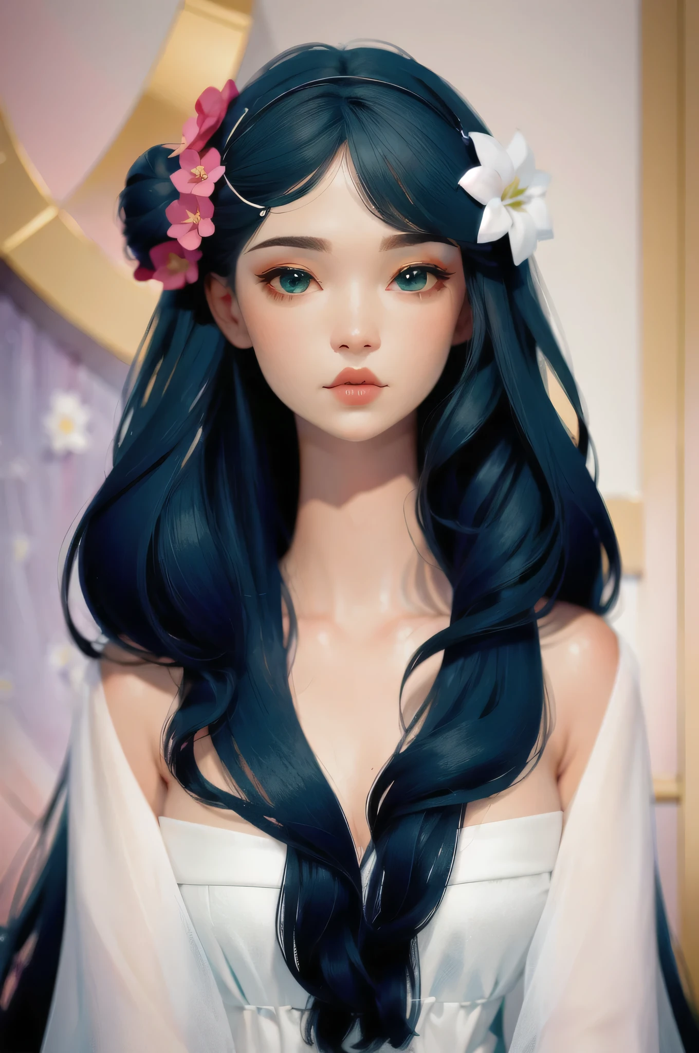 secret flower, Ankie Moore,
1 girl, alone, looking at the audience, blue eyes, green eyes, hair accessories, flower, hair flower,heterochromia, lipstick, God'throne,