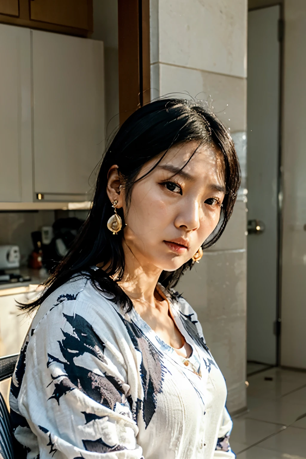 Korean woman in her 30s. black hair, furrowed brow, empty eyes, earrings, clenched teeth, sleepy, annoyed