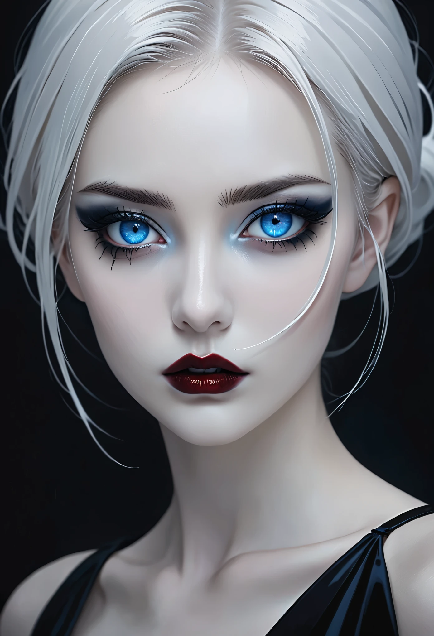 ((masterpiece)), surreal, Portrait of a beautiful white-skinned vampire (black enamel), dark makeup, bright blue eyes, in a dark and gloomy environment. (Prompt is in Portuguese)