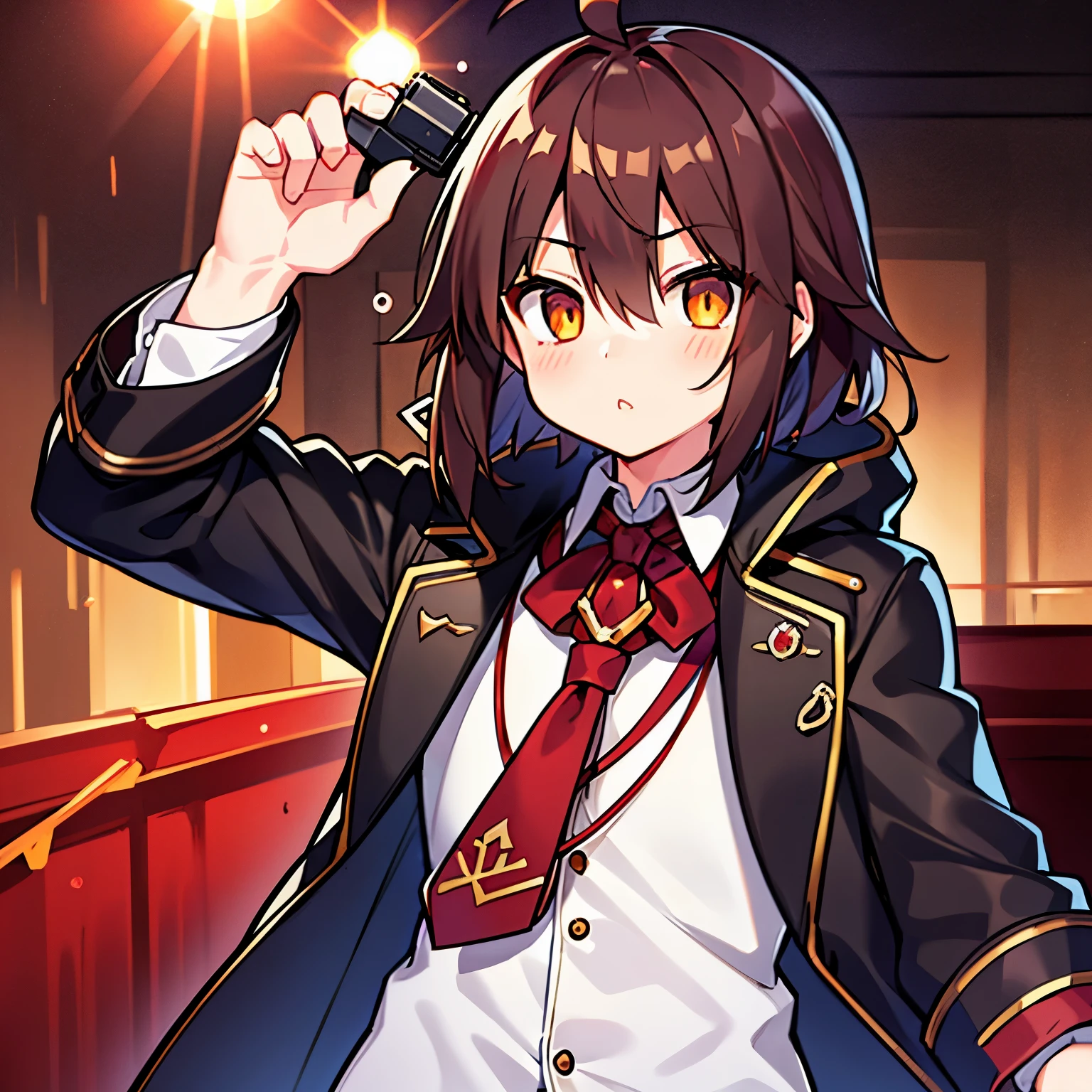 handgun,Blood droplets,assassin,eyes shine,cool,looking at the viewer,boy,juvenile,Black duffel coat,amber eyes,brown hair,Ahoge,targeting the audience,flushing,night,Bed、blush、