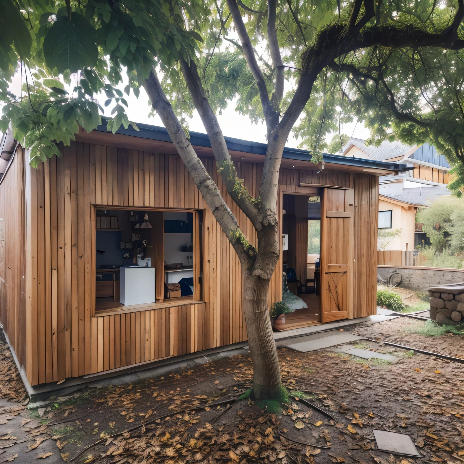 there is a small wooden building with a tree in front of it, wooden house, wooden structures, outside view, frontview, front side, view from the side, a long-shot from front, a middle-shot from front, seen from outside, view from side, front side view, side view from afar, front side full, wooden buildings