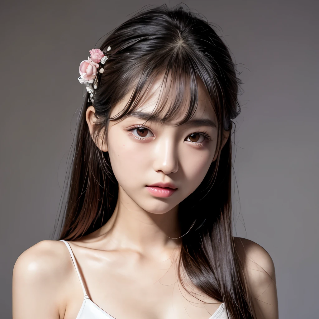 back, (flat chest), skin dentition, (12 years old), fashion fashion beautiful beautiful girl, Gentle attractive Chinese beautiful girl, 10 years old, delicate sexy collarbone, charming oval face, double eyelid, smart peach blossom eyes, pink lips, small nose, bare shoulders, focus on face, close up face, ultra high definition, ultra definition, full body photo, Ultra-thin light transmission, sweet and playful upper body, transparent