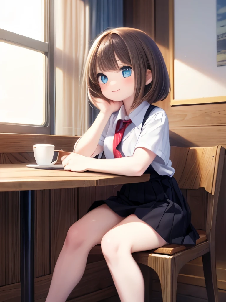 ultra-detailed,(masterpiece:1.2) , (best quality:1.2) , (ultra-detailed:1.2), 2.5D,extremely detailed, (2girls),yuri,masterpiece, best quality, extremely detailed, anime,girl,dark brown hair,medium hair,BREAK,blue eyes,BREAK,cafe,shirt,skirt,drinking Cafe au lait,smile