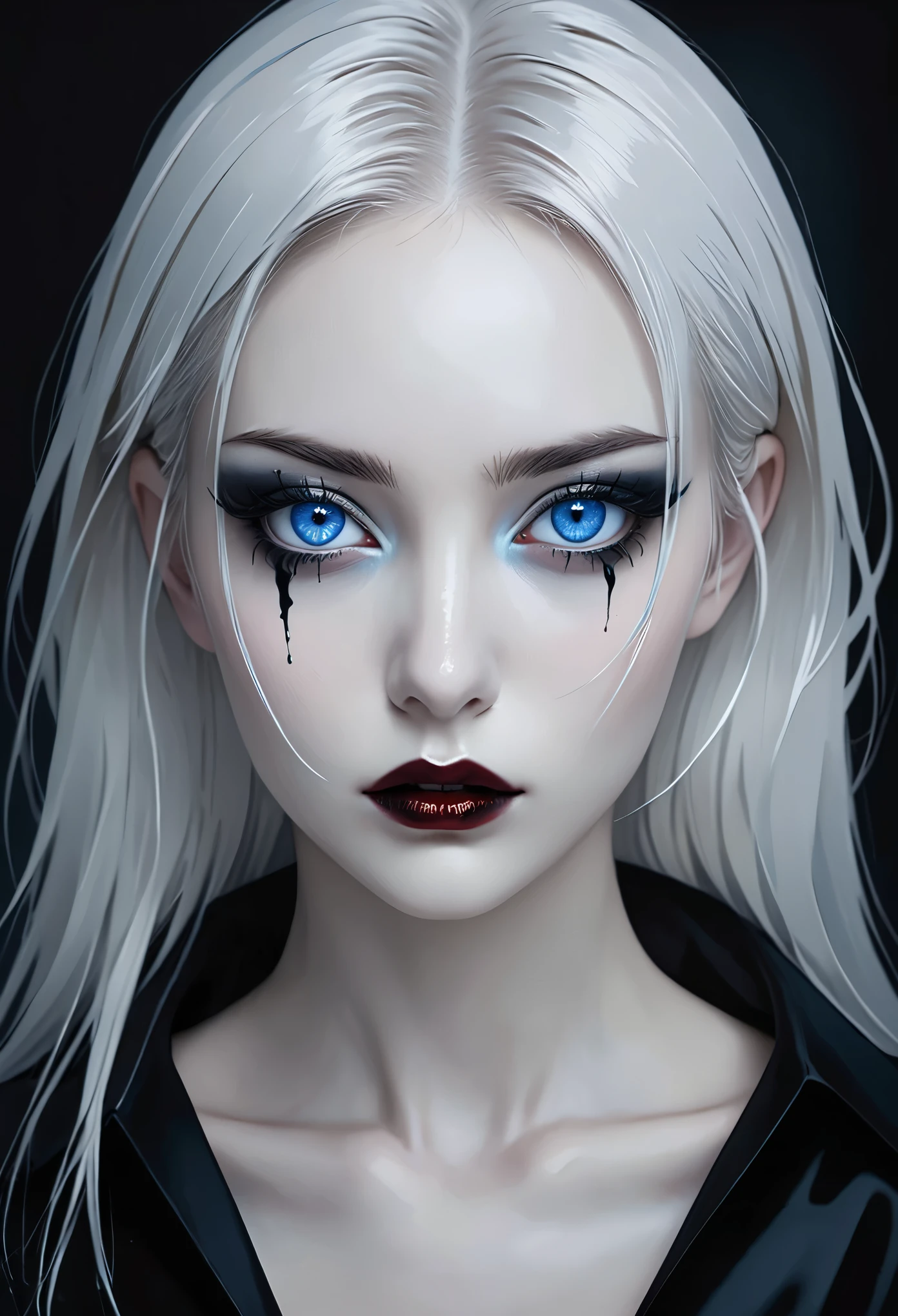 ((masterpiece)), surreal, Portrait of a beautiful white-skinned vampire (black enamel), dark makeup, bright blue eyes, in a dark and gloomy environment. (Prompt is in Portuguese)