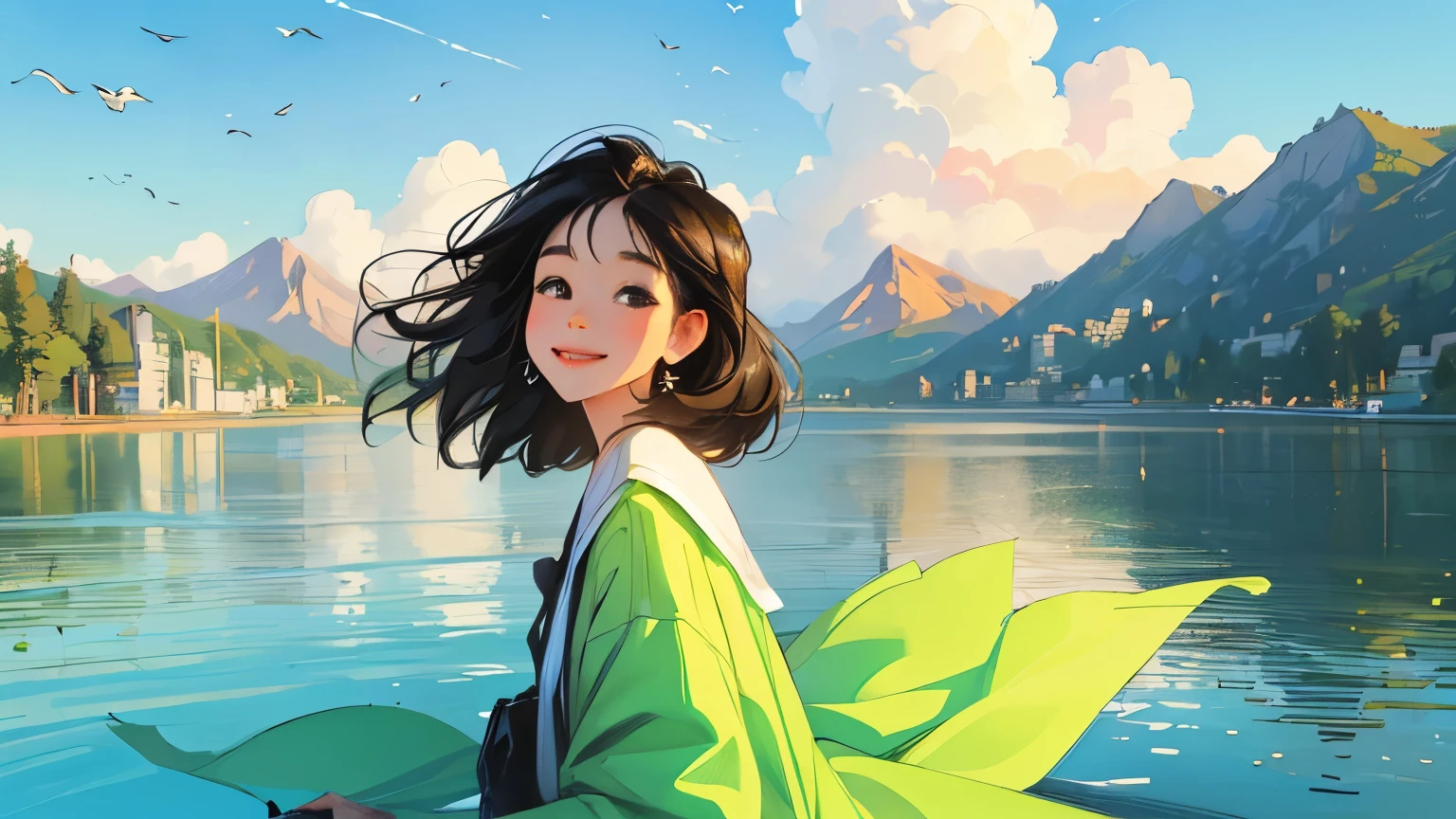 ((masterpiece)),(((bestquality))),((ultra-detailed)) realisticlying, 1 girl, Beautiful, black hair, happy, solo, The sky morning, looking to viewer, soft green, city, lake. happy.