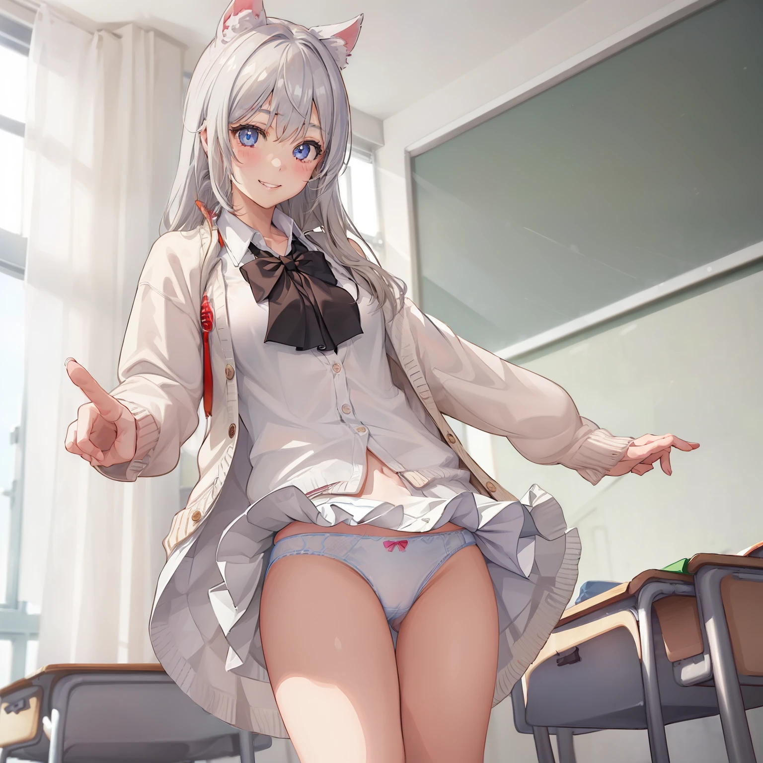 ((1 girl:1.5))、(smile:1.5)、、(cowboy shot)、(fun!!)、(white cardigan:1.5)、(dog ears)、(silver hair)、blush、(long hair)、(eye highlights:1.3)、blake black shoes,(黒いskirt:1.5)、bow, button, shirt with collar, long sleeve, ((red bow tie, ,, white shirt, チェック柄のskirt:1.5、white socks)),, shirt,, skirt, socks, thighs, white shirt, Rest indoors, ((classroom:1.5))、 BREAK while watching the audience、 (perfect hands, perfect anatomy),cowboy shot、(skirtlift:1.3),(highly detailed white panties:1.3)、(highly detailed panties:1.3)、、(skirt that rolls up:1.3)、(fully exposed panties:1.5)、light blue eyes