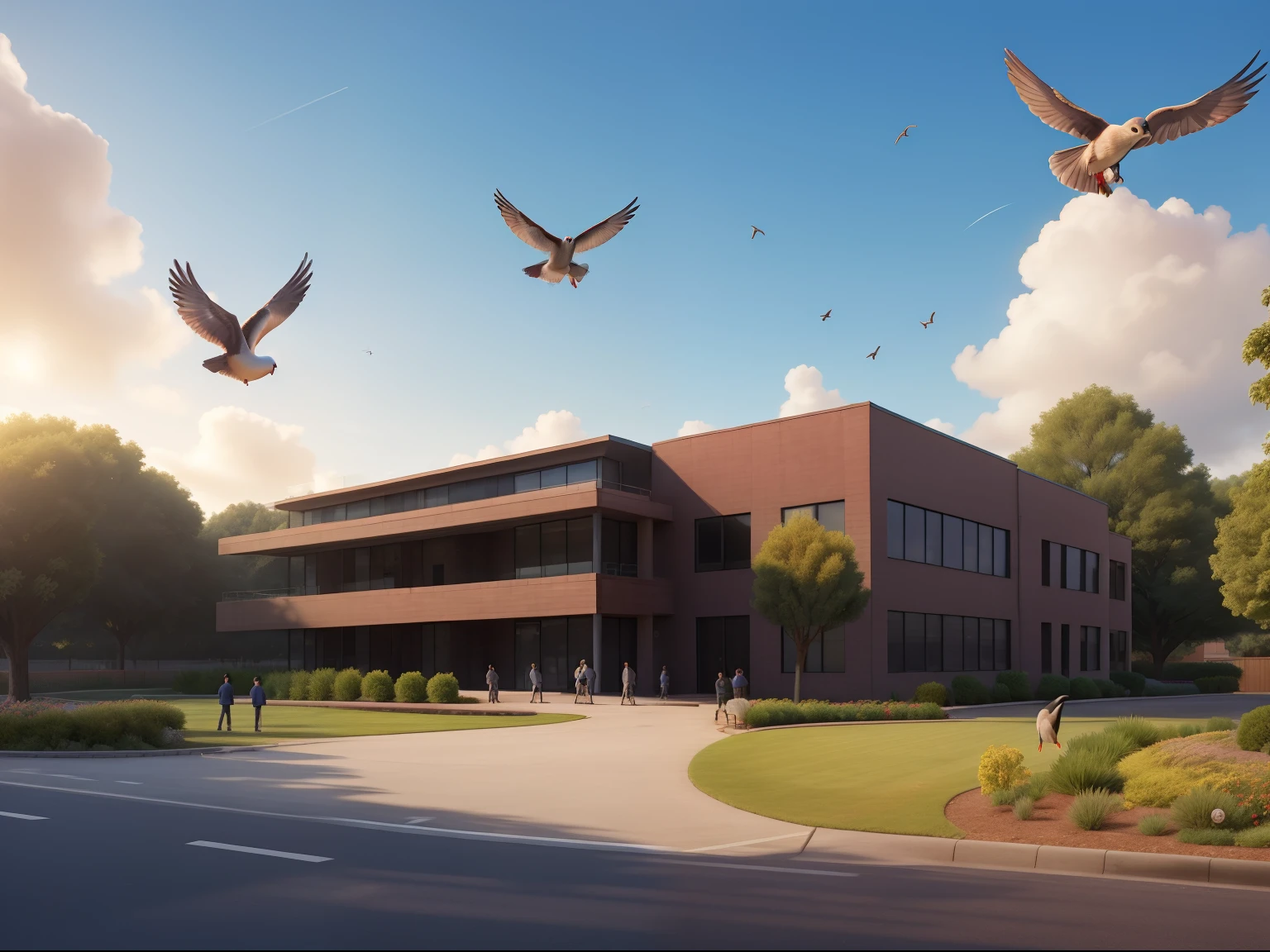  modern highschool outside view with birds flying around ((best quality)), ((masterpiece)), (detailed),