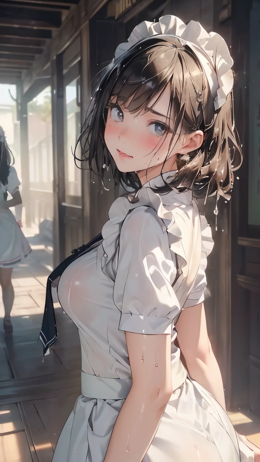 (masterpiece: 1.3), (maximum resolution: 1.2), (ultra high definition tv: 1.2), Cinema lights, 8K resolution, narrow eyes and skin, detailed facial features, , (focus on chest: 1.2), (The focus is on the face:1.2),perfect style, cute face, precise, anatomically correct, Highly Detailed face and skin texture, narrow eyes, double eyelids, thin eyebrows, glitter eyeliner: 1 natural cheeks, shiny skin, White skin, shiny skin: 1.2, (glossy lips: 1.4),、 (Embarrassed look: 1.2),20-year-old woman, (Detailed face:1.2), (best quality:1.2), Post Loam Review Photos、from the perspective below, low angle, from behind, movie lighting, perfect style, pretty face, (skirt lift:1.4), Loose and wrinkled white, , blush、humiliation、impatient、glare、tears、embarrassing、surprised expression、Expressions of anger、 (maid uniform:1.5),covered in sweat、silver hair、Green gray eyes、Post Loam Review Photos、low angleから、Soaked、Overflowing sperm、sperm in ass、Sperm on the thigh、flowing sperm(Attractive ass:1.2),、exposed、disheveled、exposed的胸部、(((Wet clothing))),tube top,(((ultra-thin clothing))),(Body model),((body outline)),(Stride),grinning, blush,Hyperactive expression