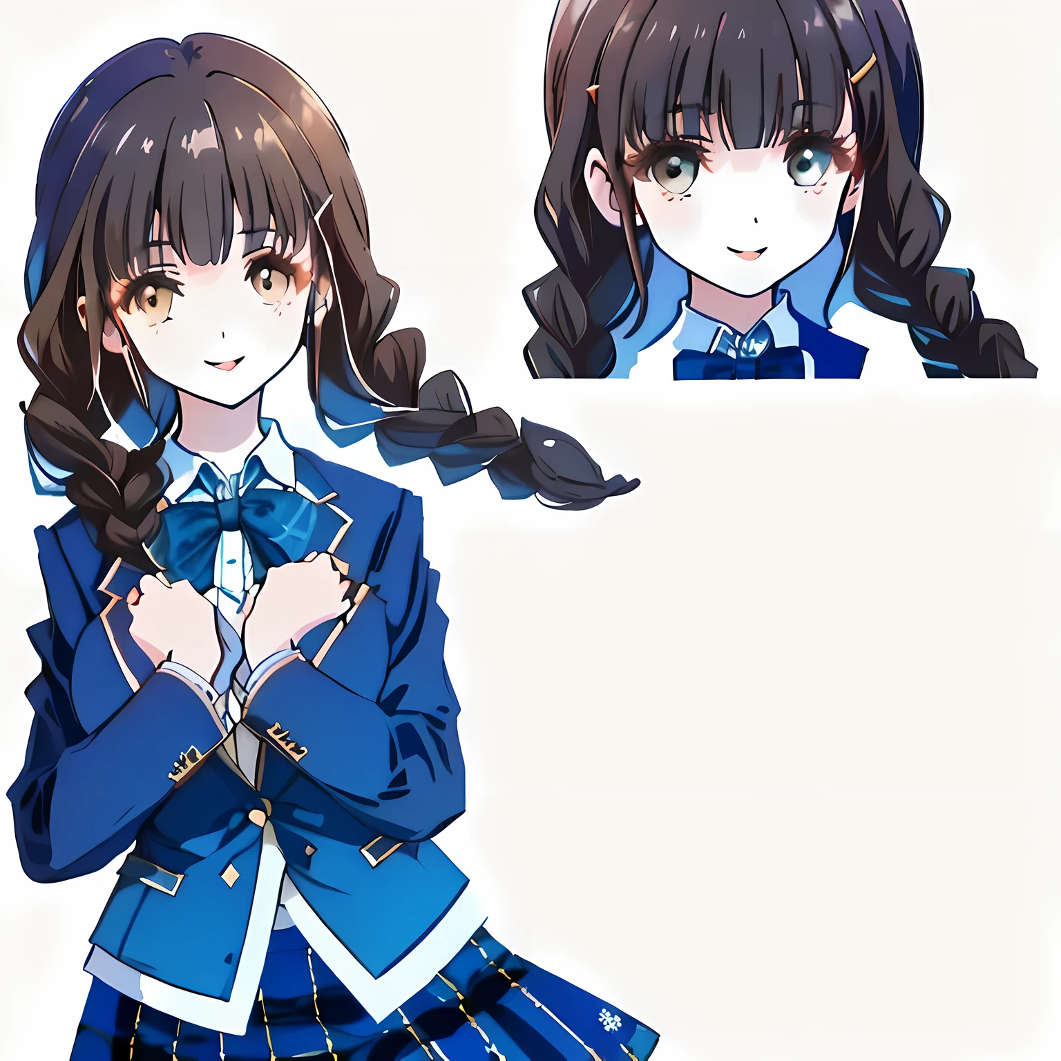 highest quality, (masterpiece:1.2), High resolution, perfect pixel, very detailed,　((Clothes and skirts are especially realistic)), (((２A very beautiful girl looks at the viewer and smiles happily.))), glossy lips, Neat and nice smile, ((Impressive large brown eyes with great detail)), (((dark brown hair))), All 15 years old, big shiny hair clip, , ((A dark blue blazer with a golden emblem on the left chest that feels like cloth.)), ((絹のような質感の realistic girly large deep blue Japanese school ribbon bow tie)), very shiny hair、laughter、bright look、Both face and hair catch the light and shine, Cute braids, (((a pair of dark brown tightly braids hair style))), ((((Feel the texture of the cloth realistic dark blue & deep navy colored tartan checkered middle long skirt)))), the skirt is very cute, brown leather shoes, white socks, 