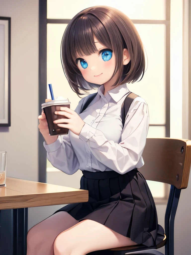 ultra-detailed,(masterpiece:1.2) , (best quality:1.2) , (ultra-detailed:1.2), 2.5D,extremely detailed, girl,masterpiece, best quality, extremely detailed, anime,girl,dark brown hair,medium hair,BREAK,blue eyes,BREAK,cafe,shirt,skirt,drinking Cafe au lait,smile