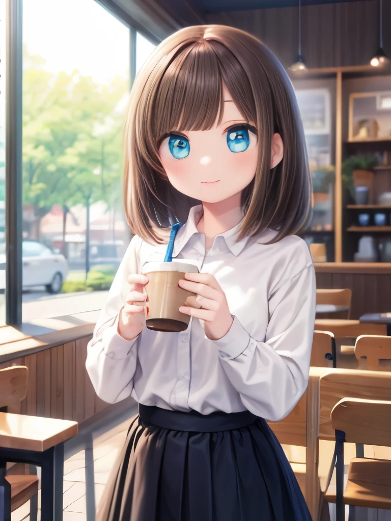 ultra-detailed,(masterpiece:1.2) , (best quality:1.2) , (ultra-detailed:1.2), 2.5D,extremely detailed, girl,masterpiece, best quality, extremely detailed, anime,girl,dark brown hair,medium hair,BREAK,blue eyes,BREAK,cafe,shirt,skirt,drinking Cafe au lait,smile