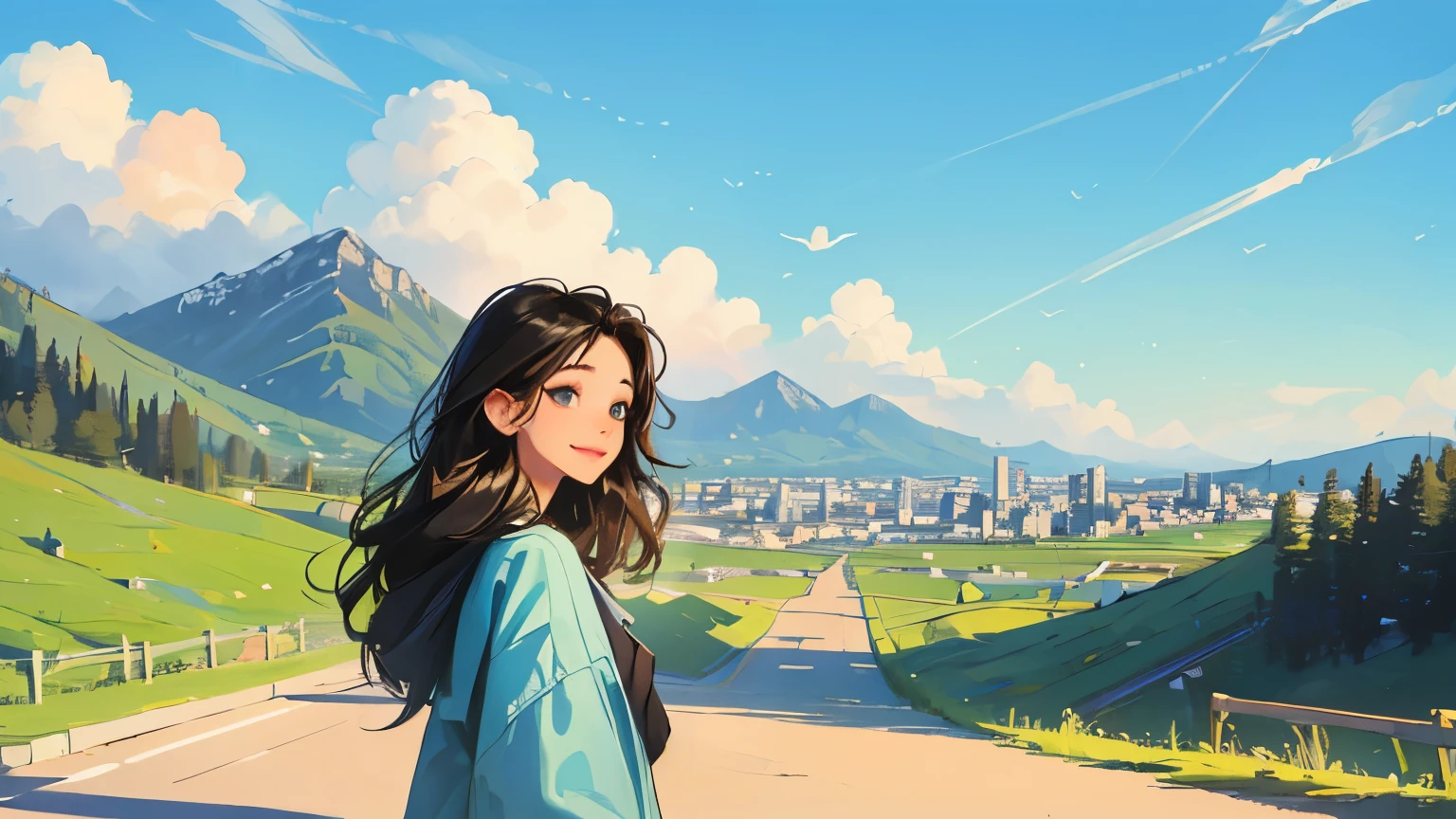 ((masterpiece)),(((bestquality))),((ultra-detailed)) realisticlying, 1 girl, Beautiful, black long hair, happy, The sky morning, looking to viewer, soft green, city, road, mountain. blue sky.