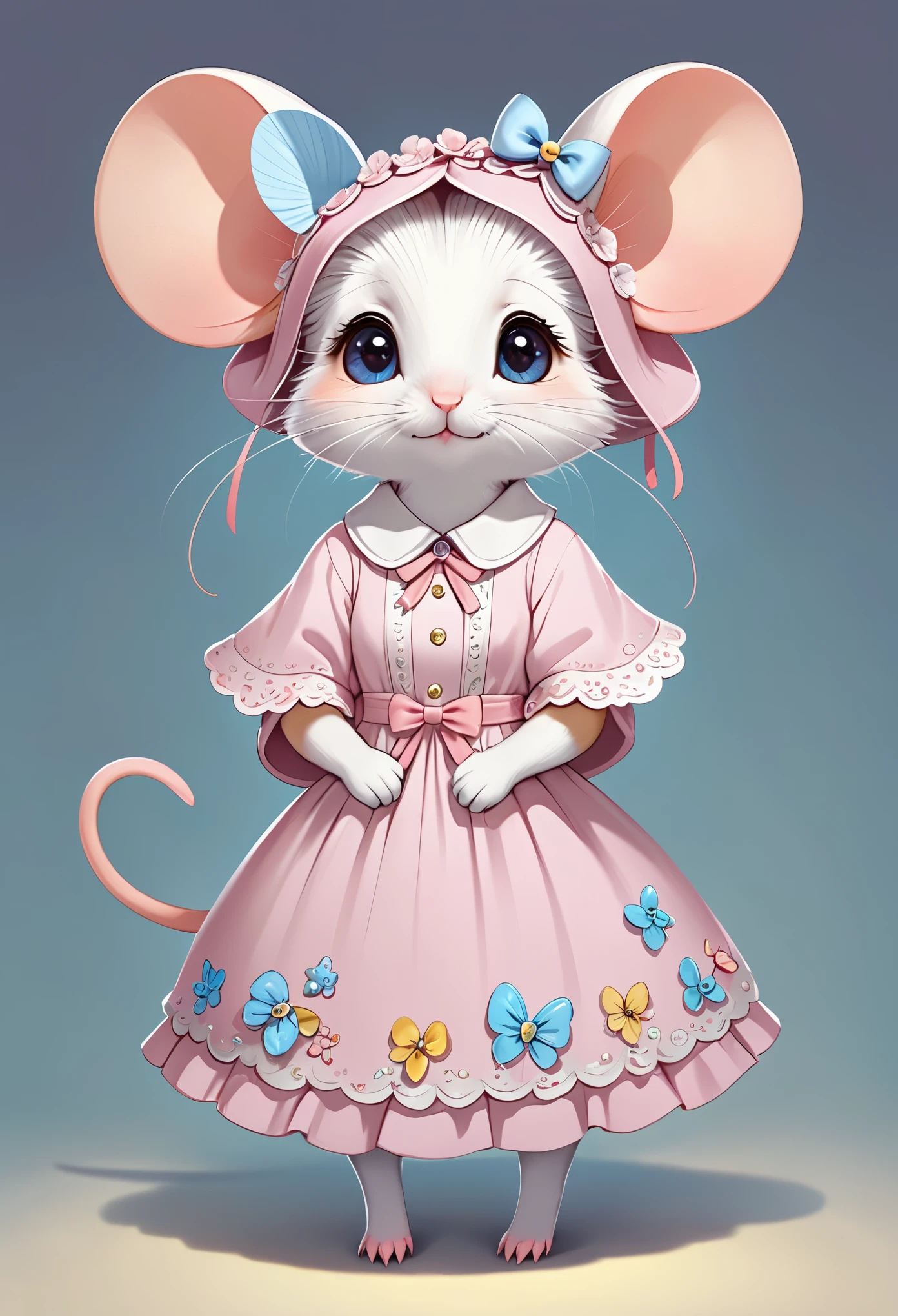 Imaginative concept art of adorable creatures inspired by Lora, looks like a mouse,dress up as. (CuteCreatures tag weight is 0.9)