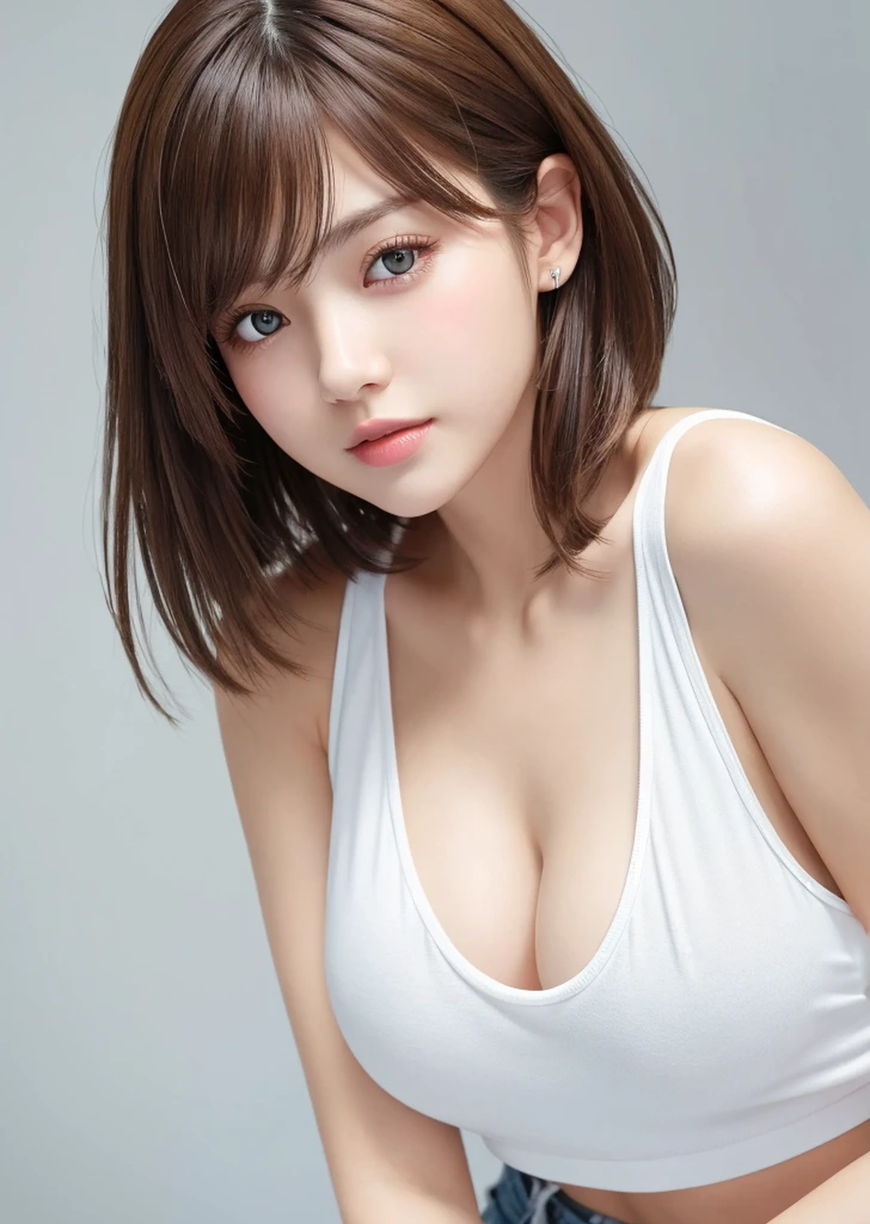 Photoreal、Masseter muscle part、highest quality、High resolution、Raw photo、realistic、bright lighting、face light、smooth professional lighting、japanese woman、Beautiful woman、modeled、gravure、sexy、super beautiful、realisticで美しい肌、beautiful and detailed eyes、detailed face、slim、medium big breasts、short hair、brunette colored hair、brown eyes、looking at camera、white tank top、shorts、Pose for a photo