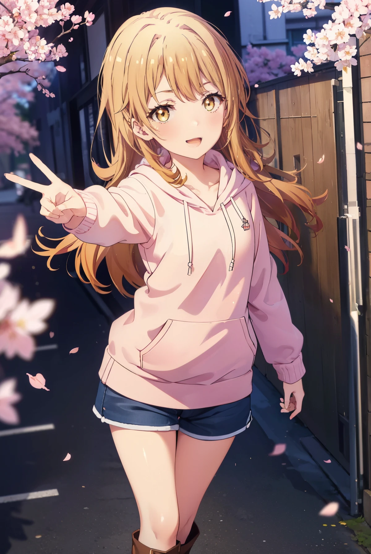 irohaisshiki, iroha isshiki, long hair, brown hair, (brown eyes:1.5), happy smile, smile, open your mouth,Put your hand over your mouth and make a peace sign, 1 girl,towards the camera,pink hoodie hood up,short denim pants,black tights,short boots,standing alone'my back to the wall、The cherry blossoms have bloomed,Cherry blossoms are scattered,
break indoors, Cherry blossom tree-lined path,
break looking at viewer,
break (masterpiece:1.2), highest quality, High resolution, unity 8k wallpaper, (shape:0.8), (fine and beautiful eyes:1.6), highly detailed face, perfect lighting, Very detailed CG, (perfect hands, perfect anatomy),