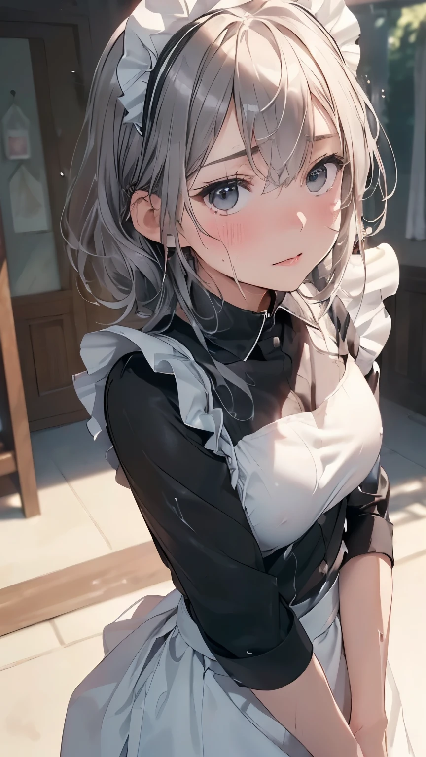 (masterpiece: 1.3), (maximum resolution: 1.2), (ultra high definition tv: 1.2), Cinema lights, 8K resolution, narrow eyes and skin, detailed facial features, , (focus on chest: 1.2), (The focus is on the face:1.2),perfect style, cute face, precise, anatomically correct, Highly Detailed face and skin texture, narrow eyes, double eyelids, thin eyebrows, glitter eyeliner: 1 natural cheeks, shiny skin, White skin, shiny skin: 1.2, (glossy lips: 1.4),、 (Embarrassed look: 1.2),20-year-old woman, (Detailed face:1.2), (best quality:1.2), Post Loam Review Photos、from the perspective below, low angle, from behind, movie lighting, perfect style, pretty face, (skirt lift:1.4), Loose and wrinkled white, , blush、humiliation、impatient、glare、tears、embarrassing、surprised expression、Expressions of anger、 (maid uniform:1.5),covered in sweat、silver hair、Green gray eyes、Post Loam Review Photos、low angleから、Soaked、Overflowing sperm、sperm in ass、Sperm on the thigh、flowing sperm(Attractive ass:1.2),、exposed、disheveled、exposed的胸部、(((Wet clothing))),tube top,(((ultra-thin clothing))),(Body model),((body outline)),(Stride),grinning, blush,Hyperactive expression